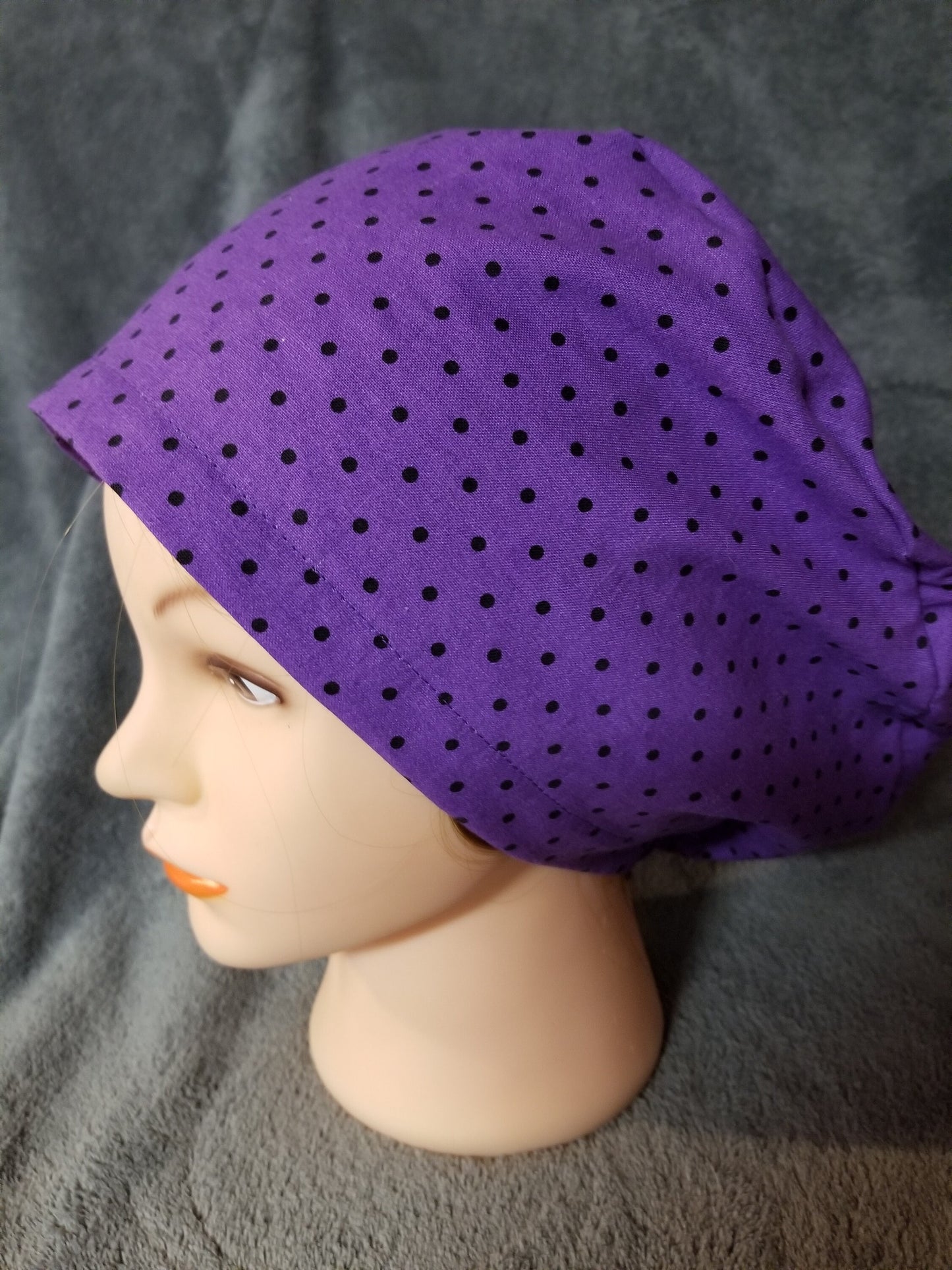 Pixie Style Scrub Cap Purple with Black Dots, Euro style scrub cap