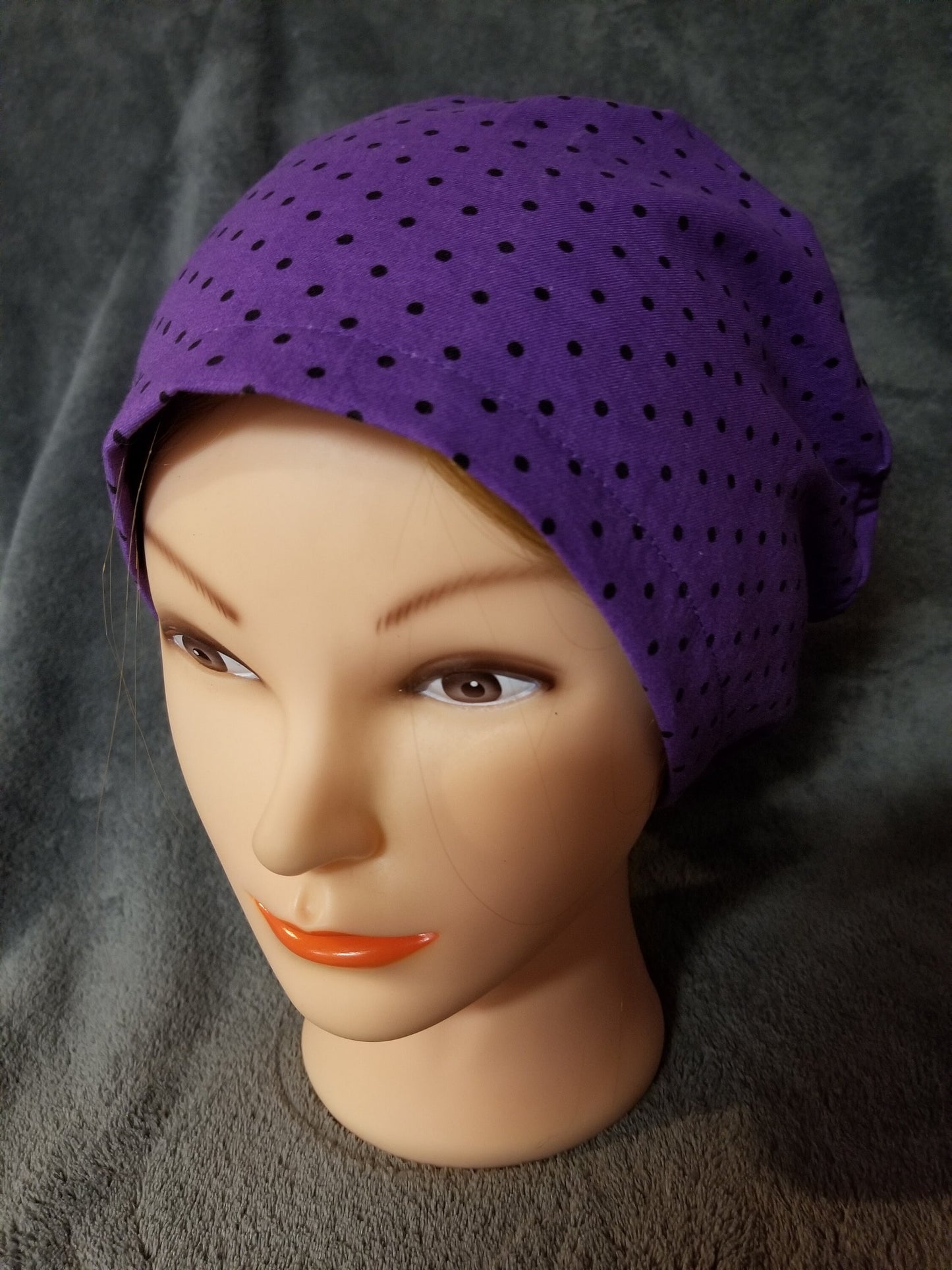 Pixie Style Scrub Cap Purple with Black Dots, Euro style scrub cap