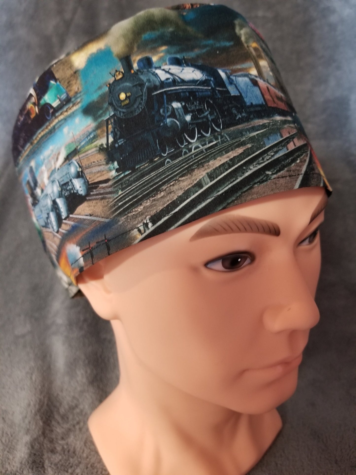 Locomotive and Steam Engine Train Print LARGE Scrub Cap same top with hook and loop fasteners