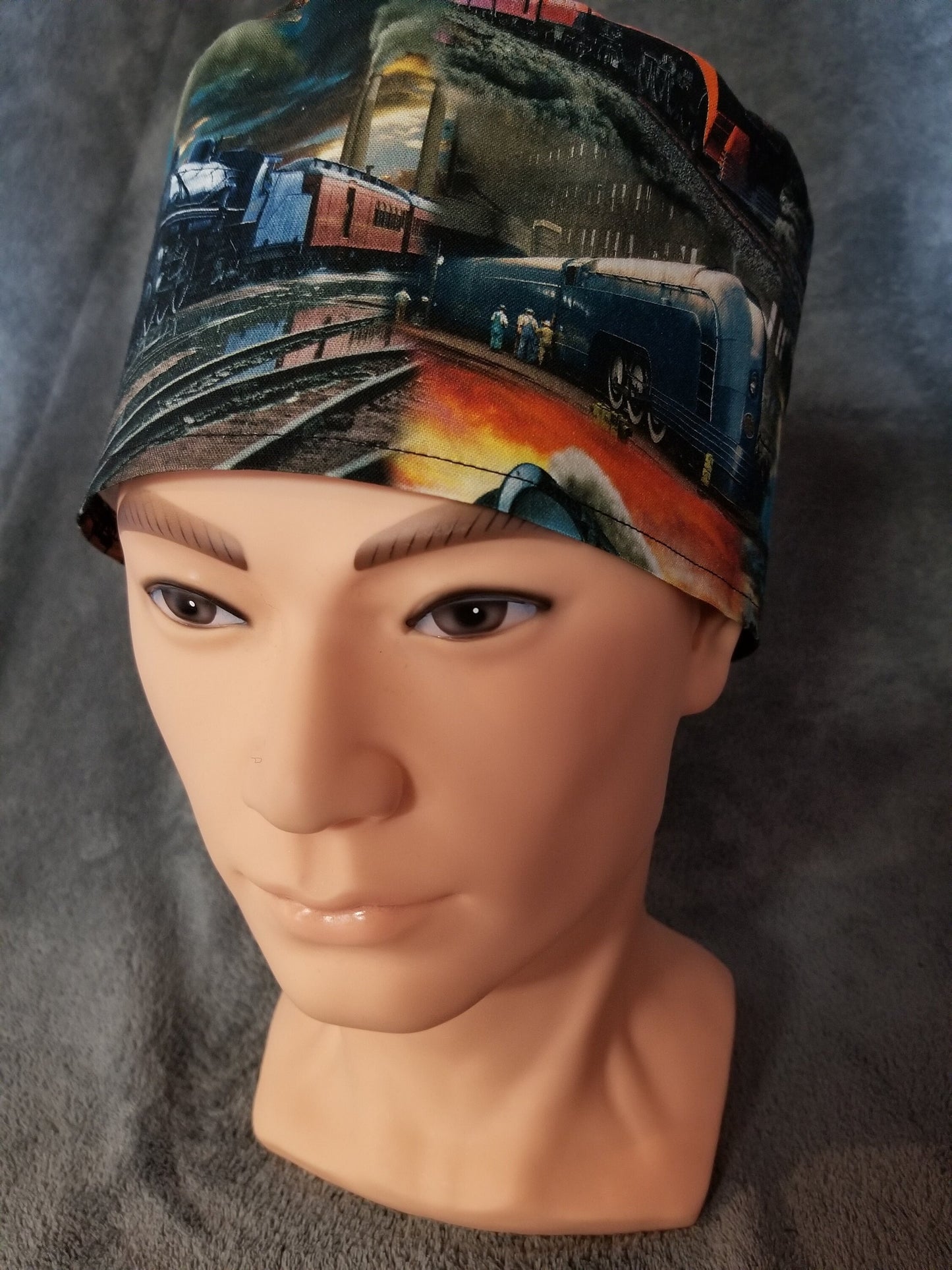 Locomotive and Steam Engine Train Print LARGE Scrub Cap same top with hook and loop fasteners