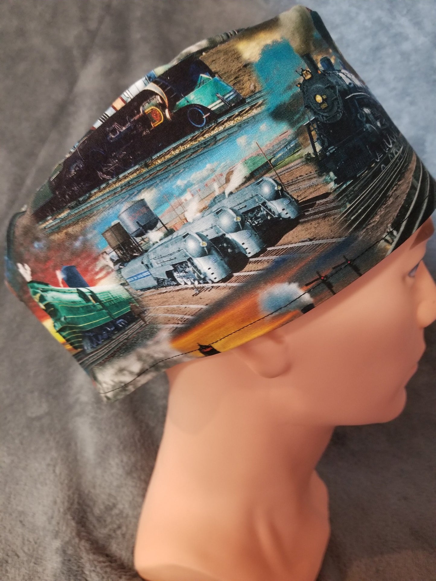Locomotive and Steam Engine Train Print LARGE Scrub Cap same top with hook and loop fasteners