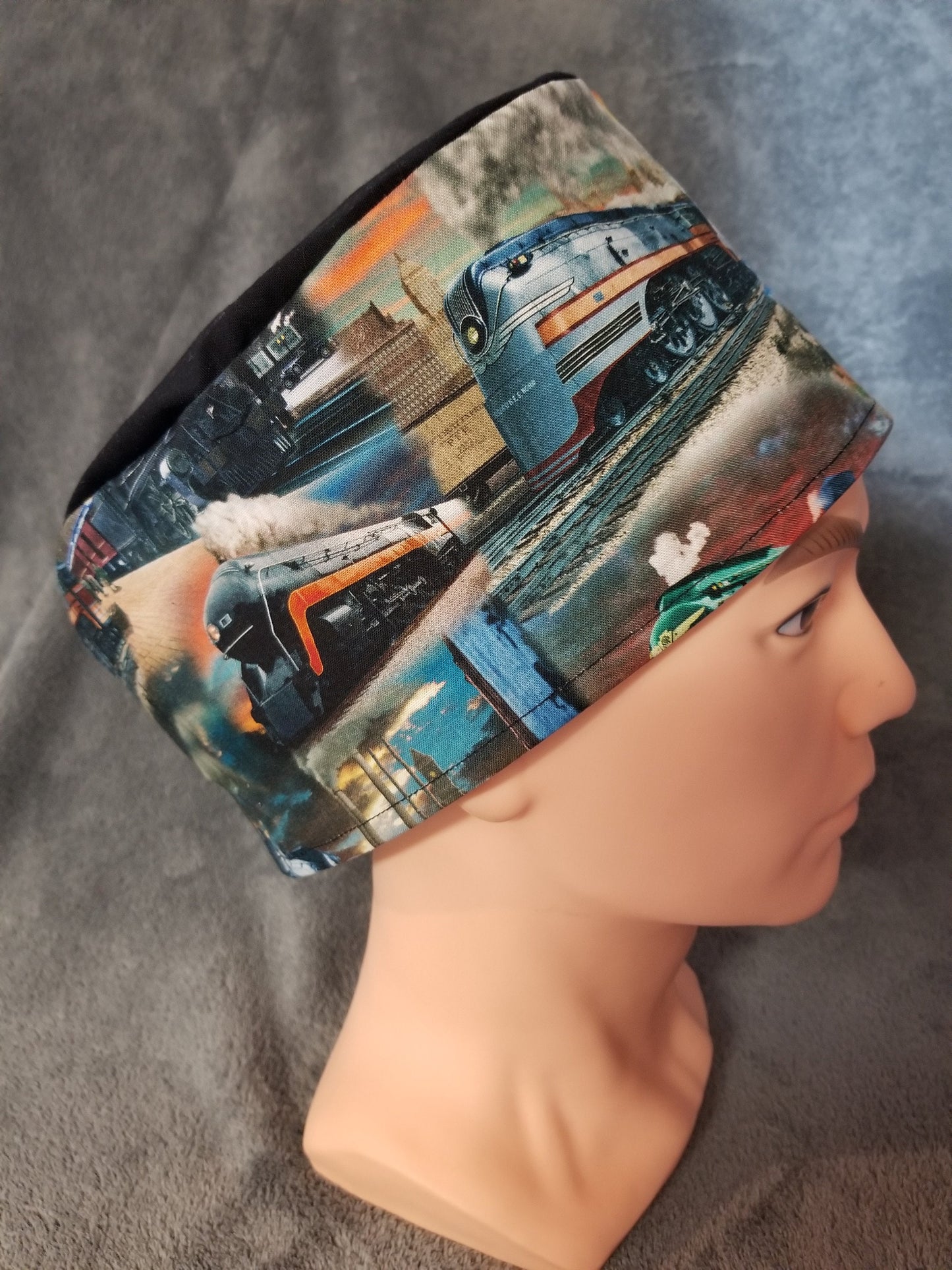 Locomotive and Steam Engine Train Print LARGE Scrub Cap black top with hook and loop fasteners