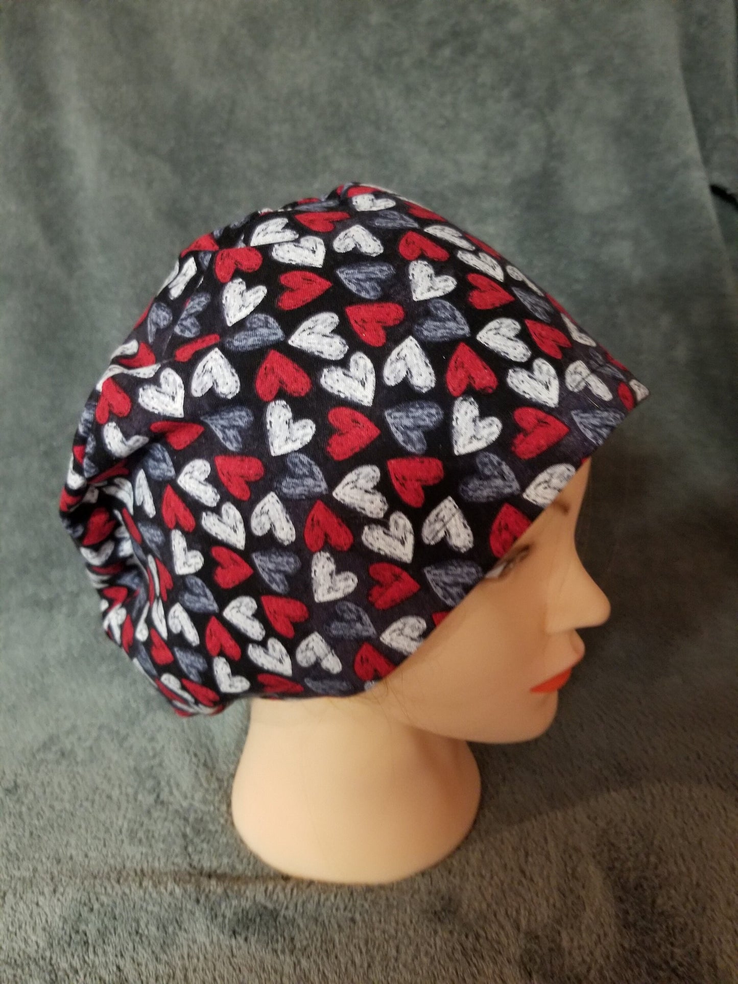 Valentine Hearts Print on Black Background Pixie Style Scrub Caps Limited Collection, Euro Style Scrub Cap