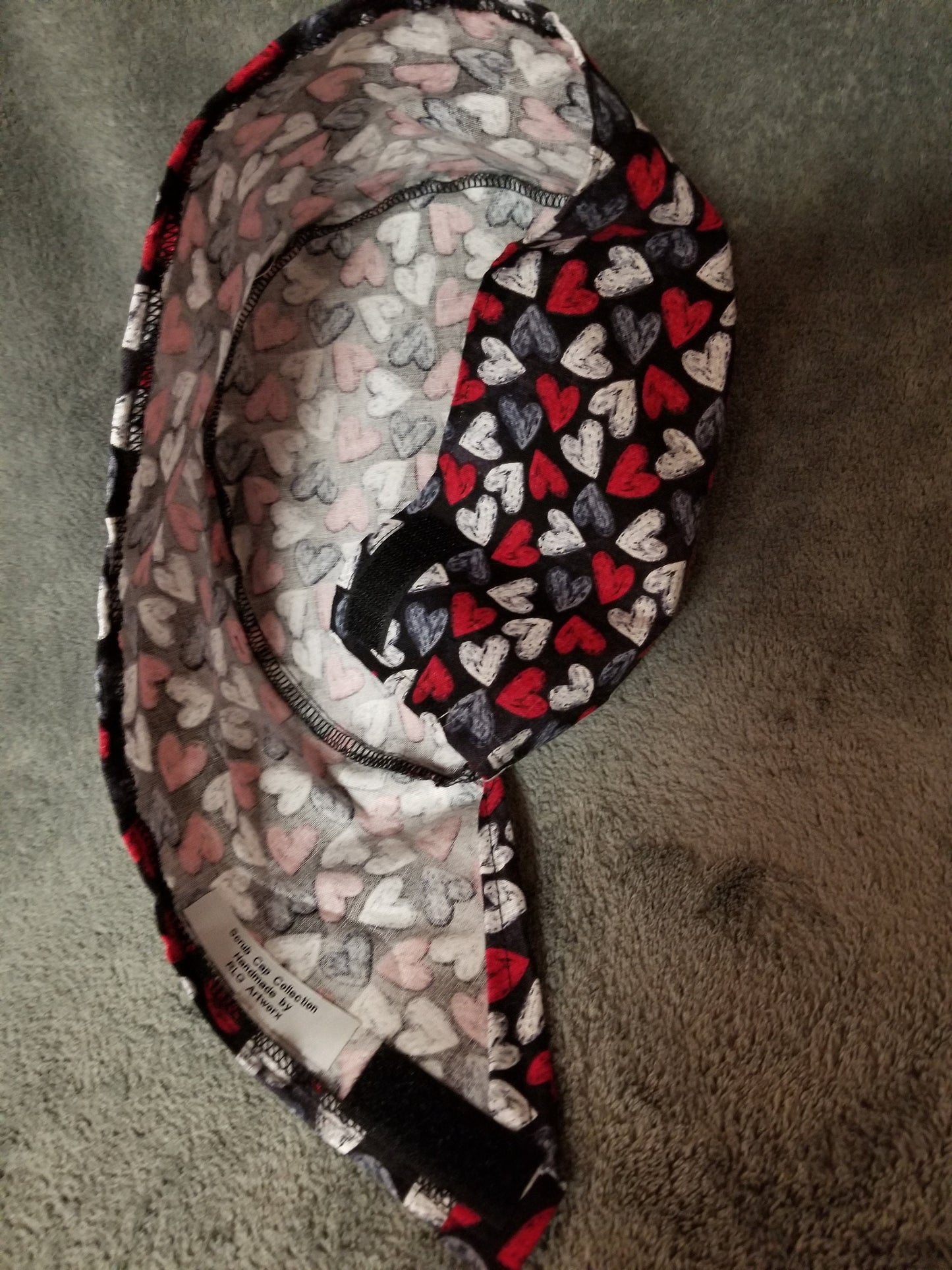 Valentine Heart Print on Black Background LARGE Scrub Cap Same Top with Hook and Loop Fasteners Limited Collection