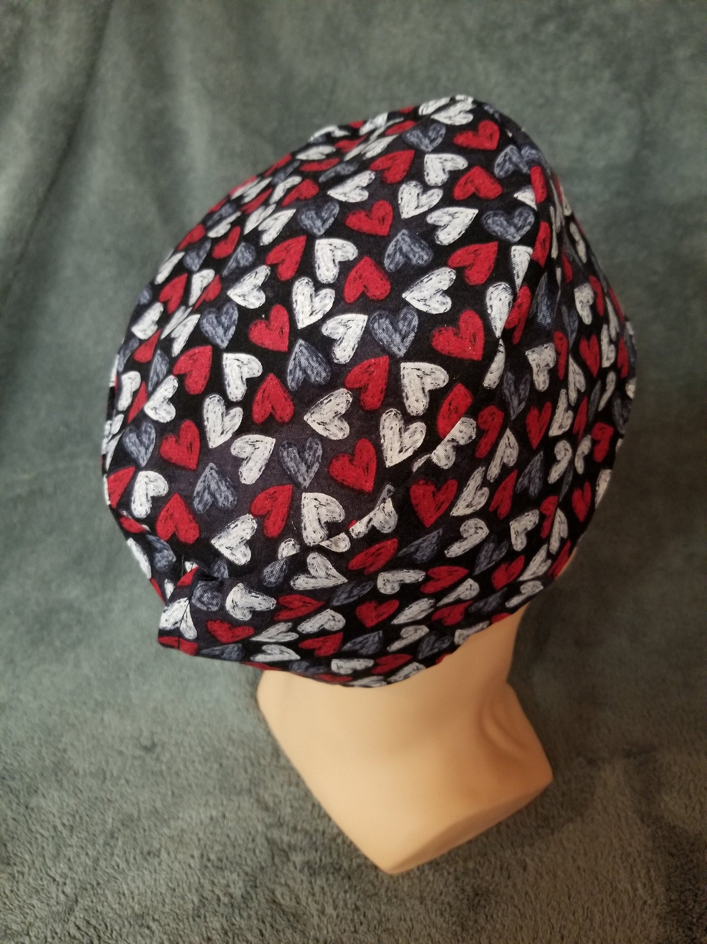 Valentine Heart Print on Black Background LARGE Scrub Cap Same Top with Hook and Loop Fasteners Limited Collection