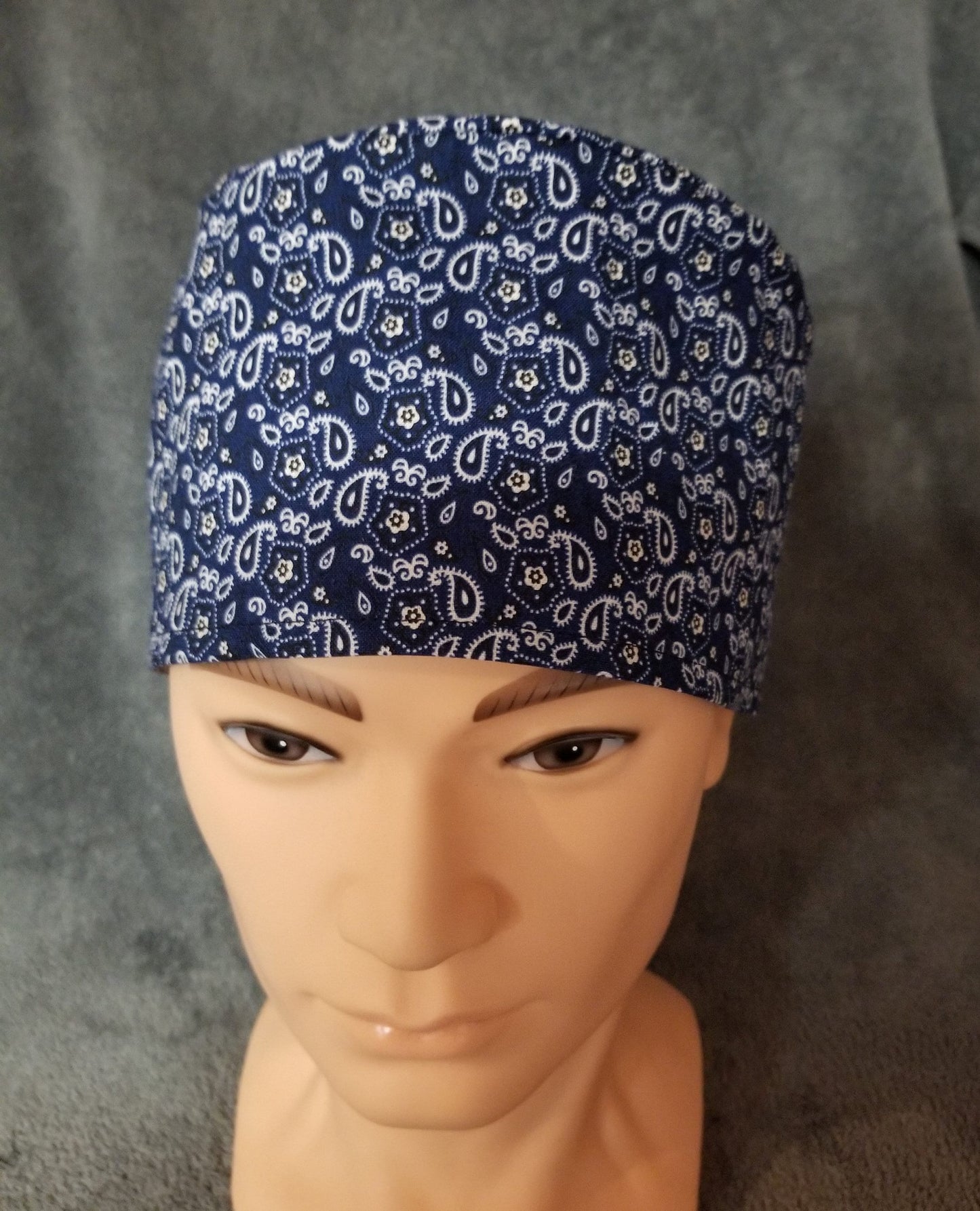 Blue Bandana Style LARGE Scrub Cap Same Top with Hook and Loop Fasteners Ready to Ship.