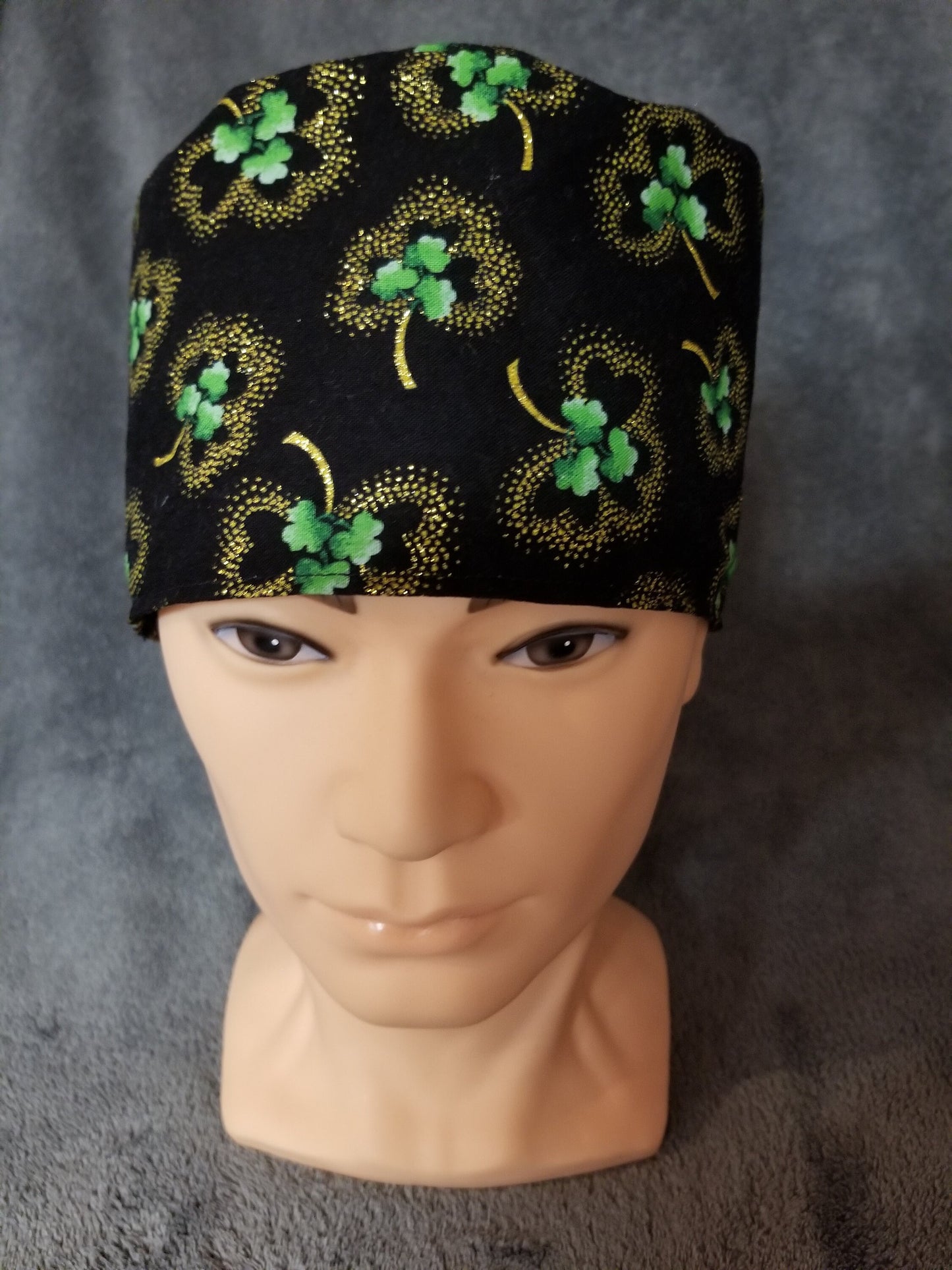 Shamrock Print on Black Background LARGE Scrub Cap Same Top with Hook and Loop Fasteners Limited Collection