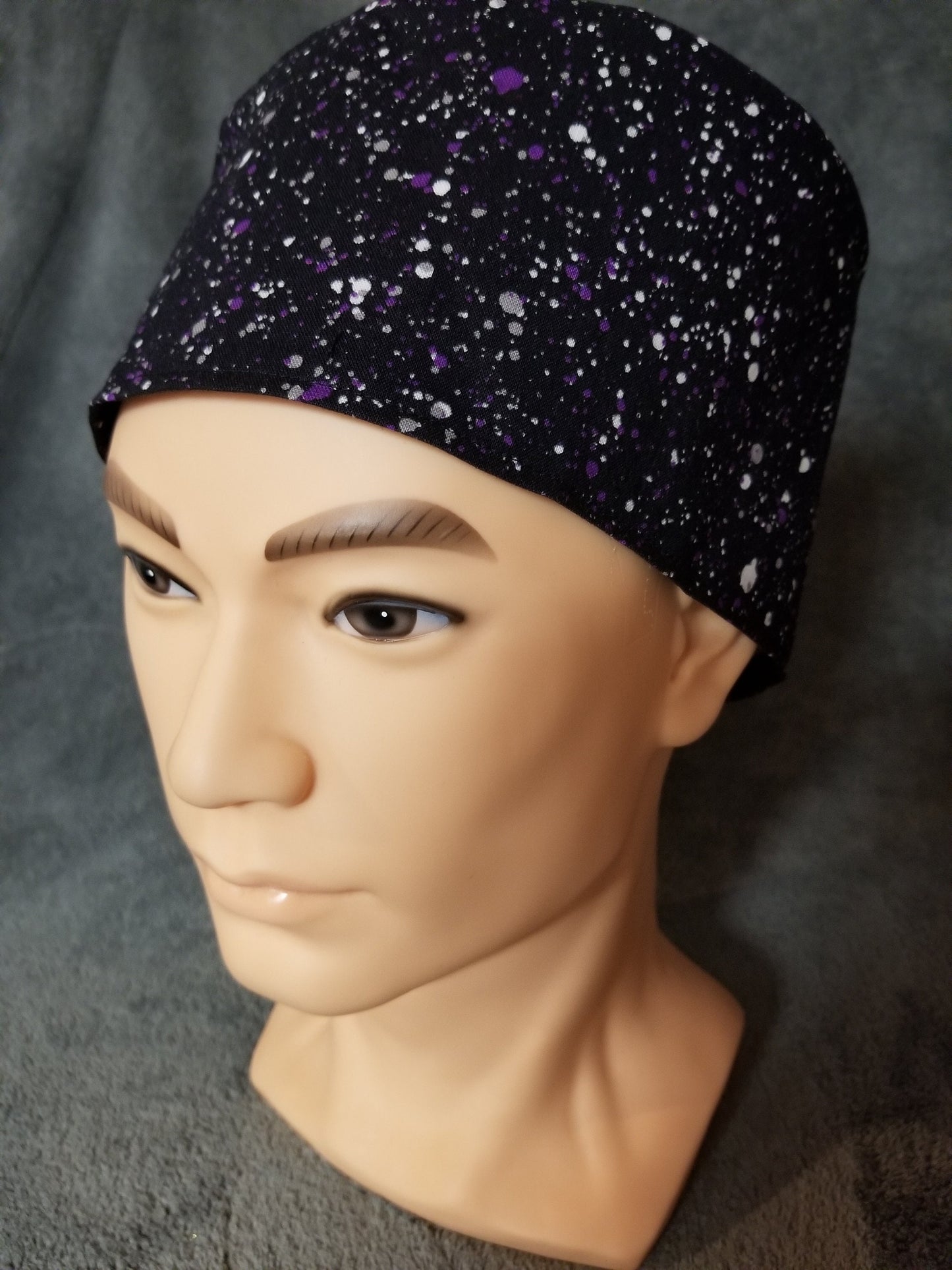 Purple Paint Splatter on Black Background LARGE Scrub Cap with Hook and Loop Fastener