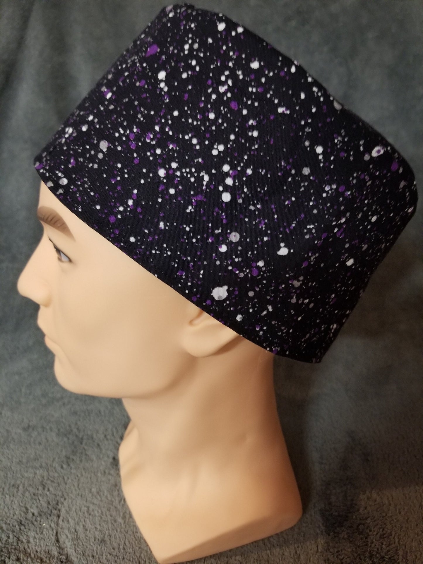 Purple Paint Splatter on Black Background LARGE Scrub Cap with Hook and Loop Fastener