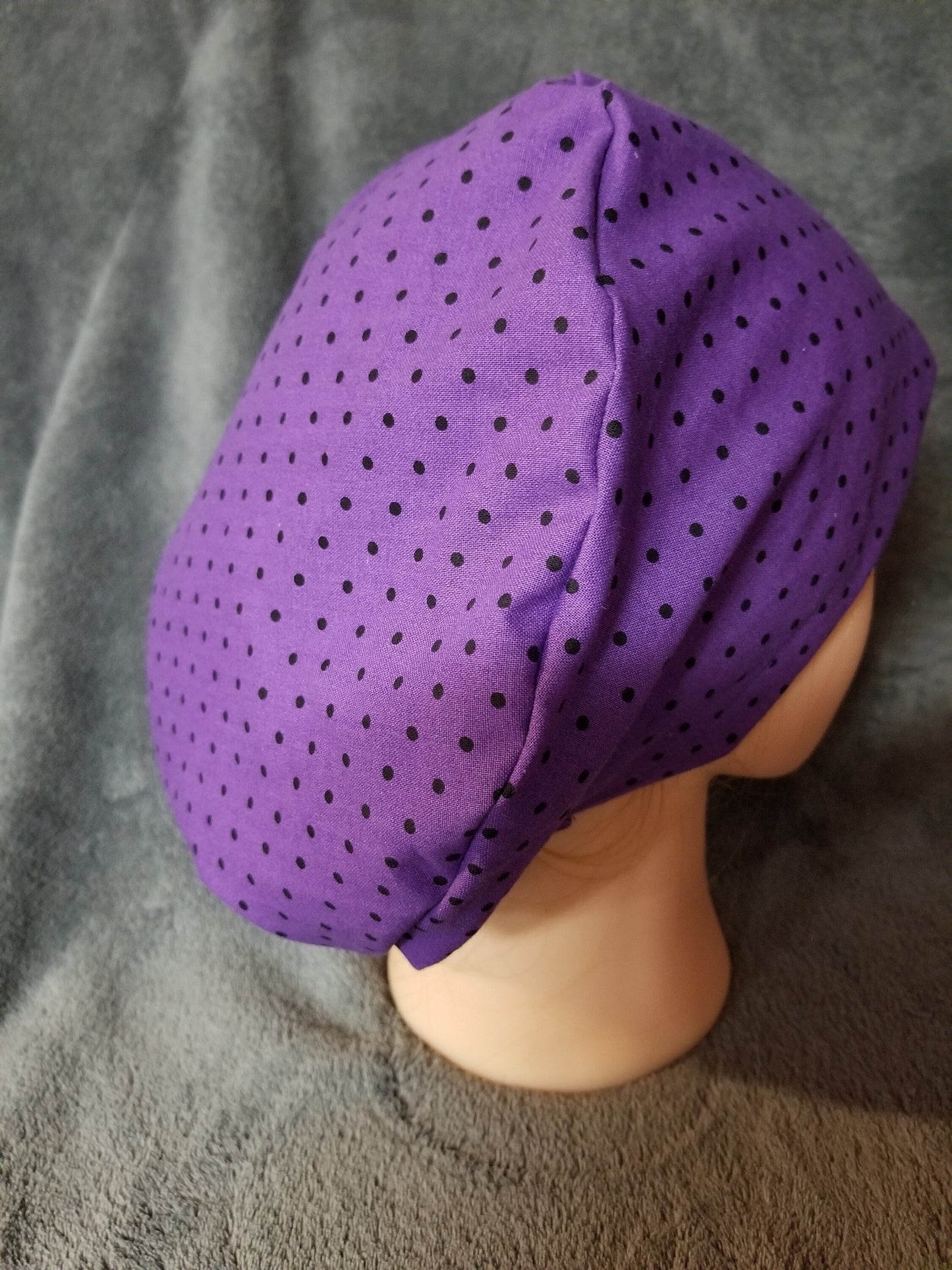 Pixie Style Scrub Cap Purple with Black Dots, Euro style scrub cap