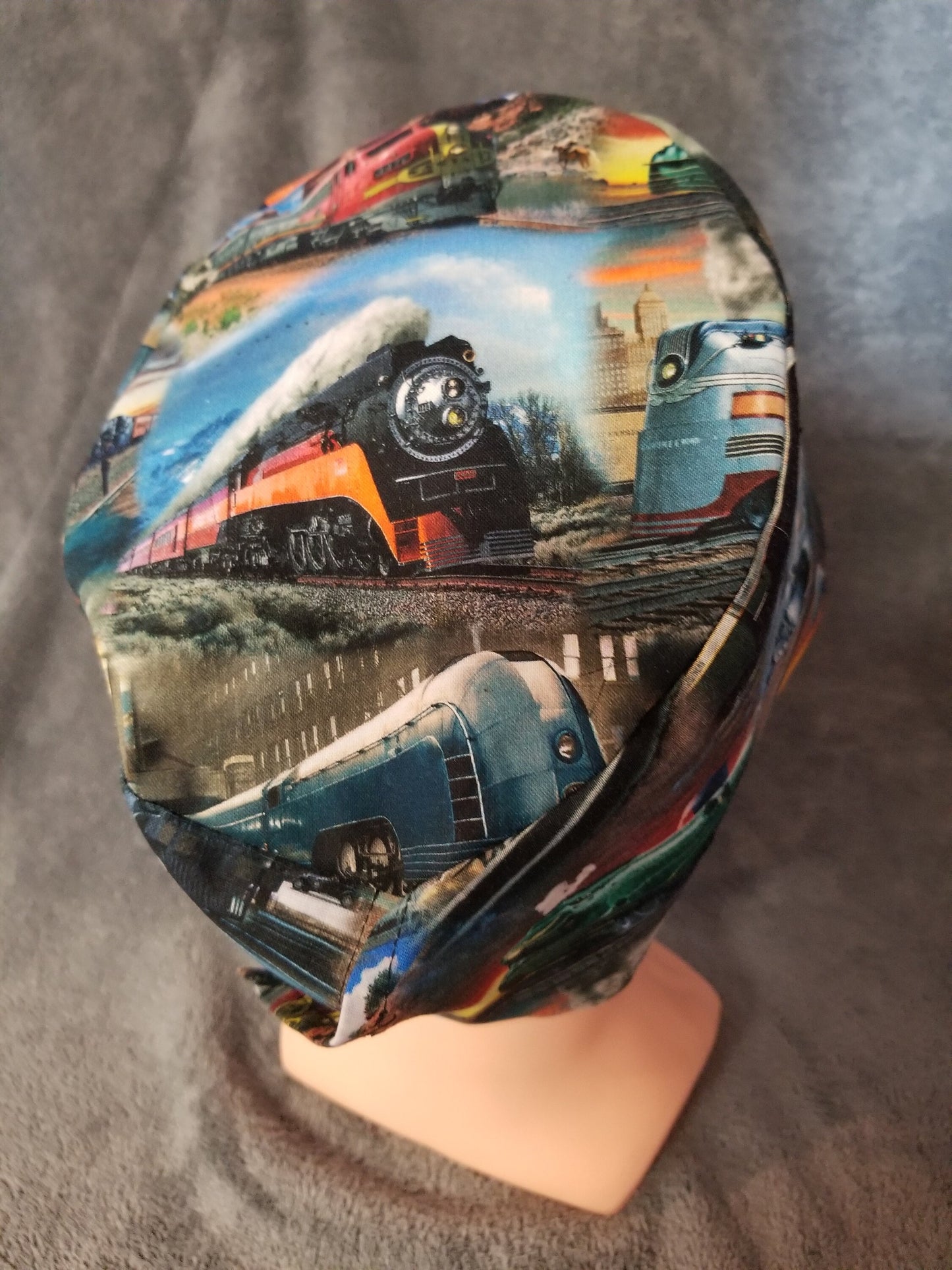 Locomotive and Steam Engine Train Print LARGE Scrub Cap same top with hook and loop fasteners
