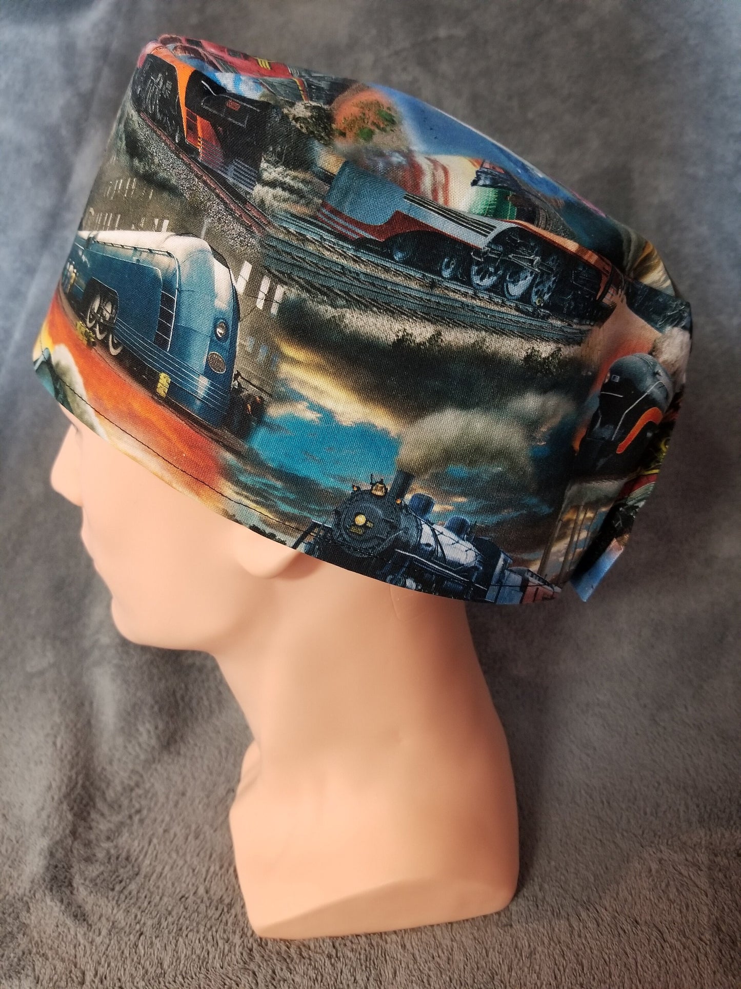 Locomotive and Steam Engine Train Print LARGE Scrub Cap same top with hook and loop fasteners