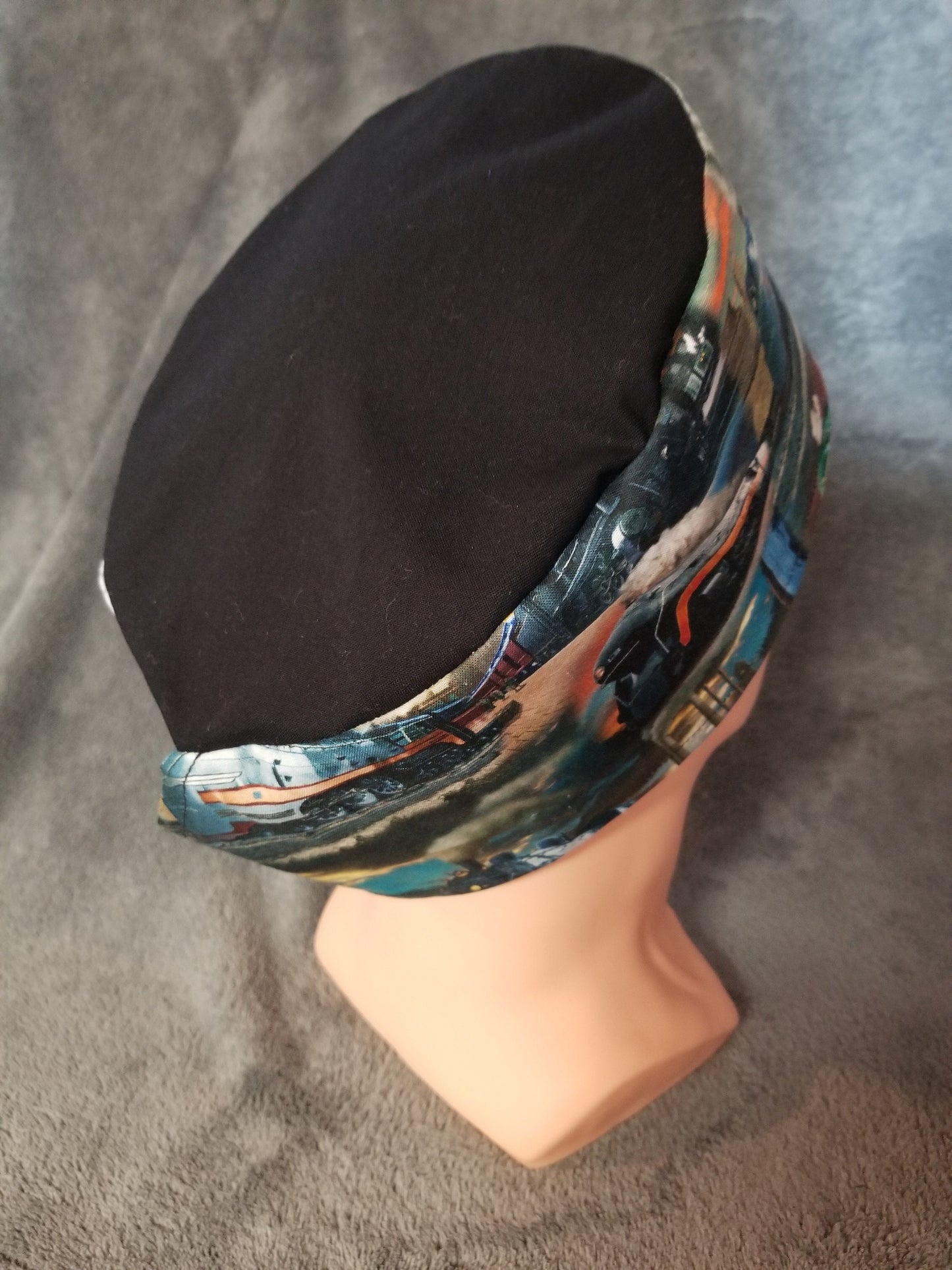 Locomotive and Steam Engine Train Print LARGE Scrub Cap black top with hook and loop fasteners
