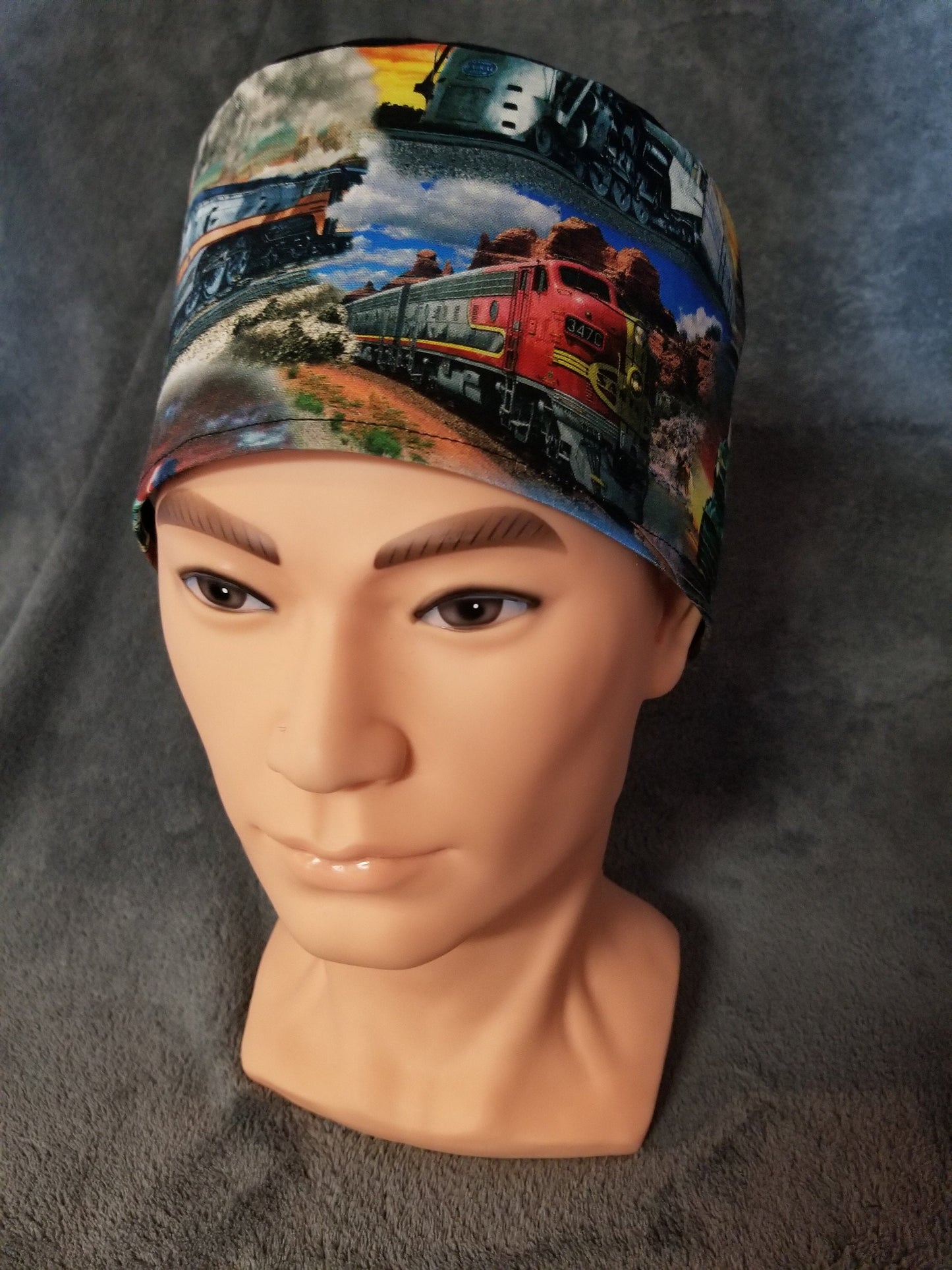 Locomotive and Steam Engine Train Print LARGE Scrub Cap black top with hook and loop fasteners