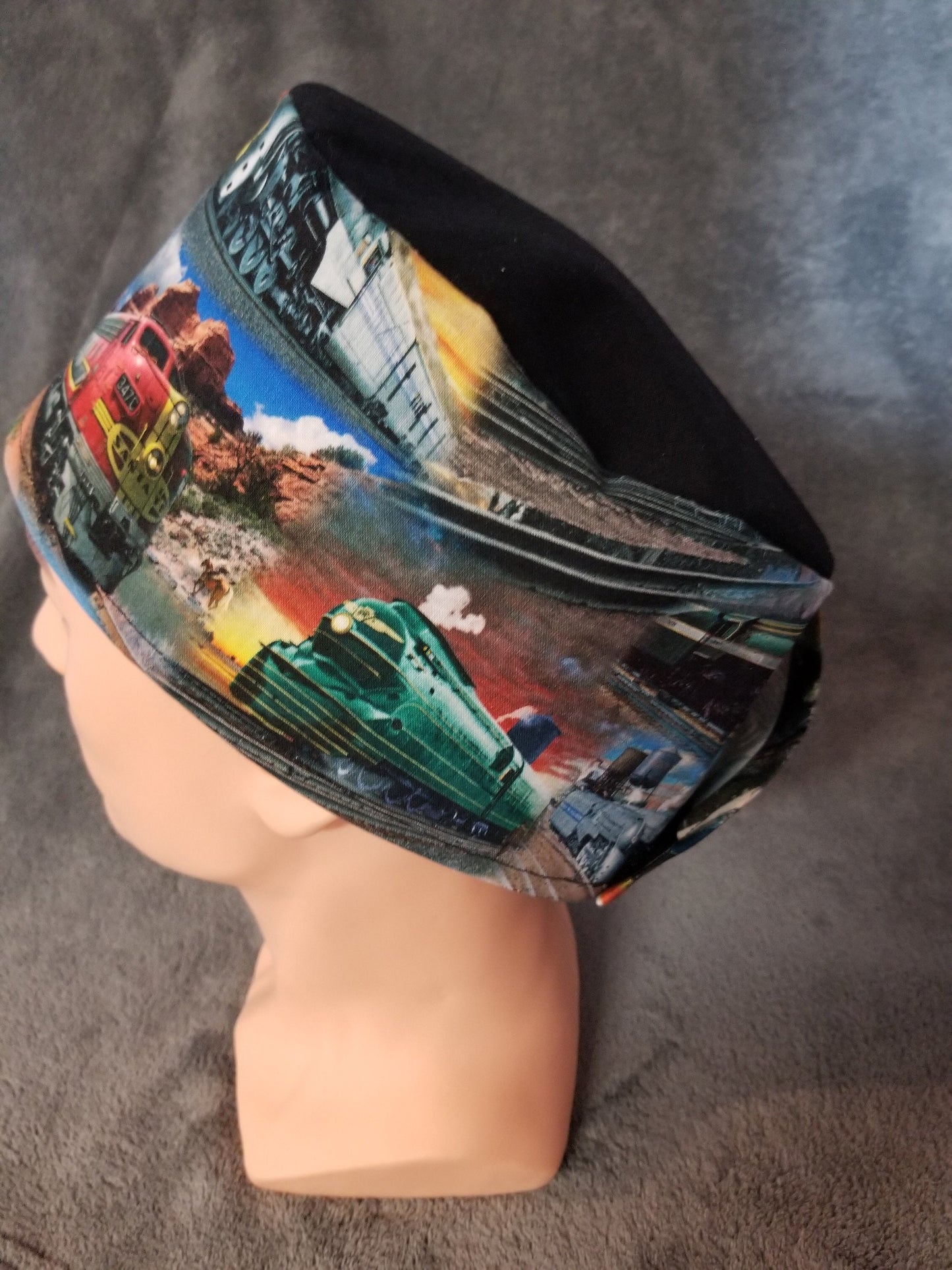 Locomotive and Steam Engine Train Print LARGE Scrub Cap black top with hook and loop fasteners