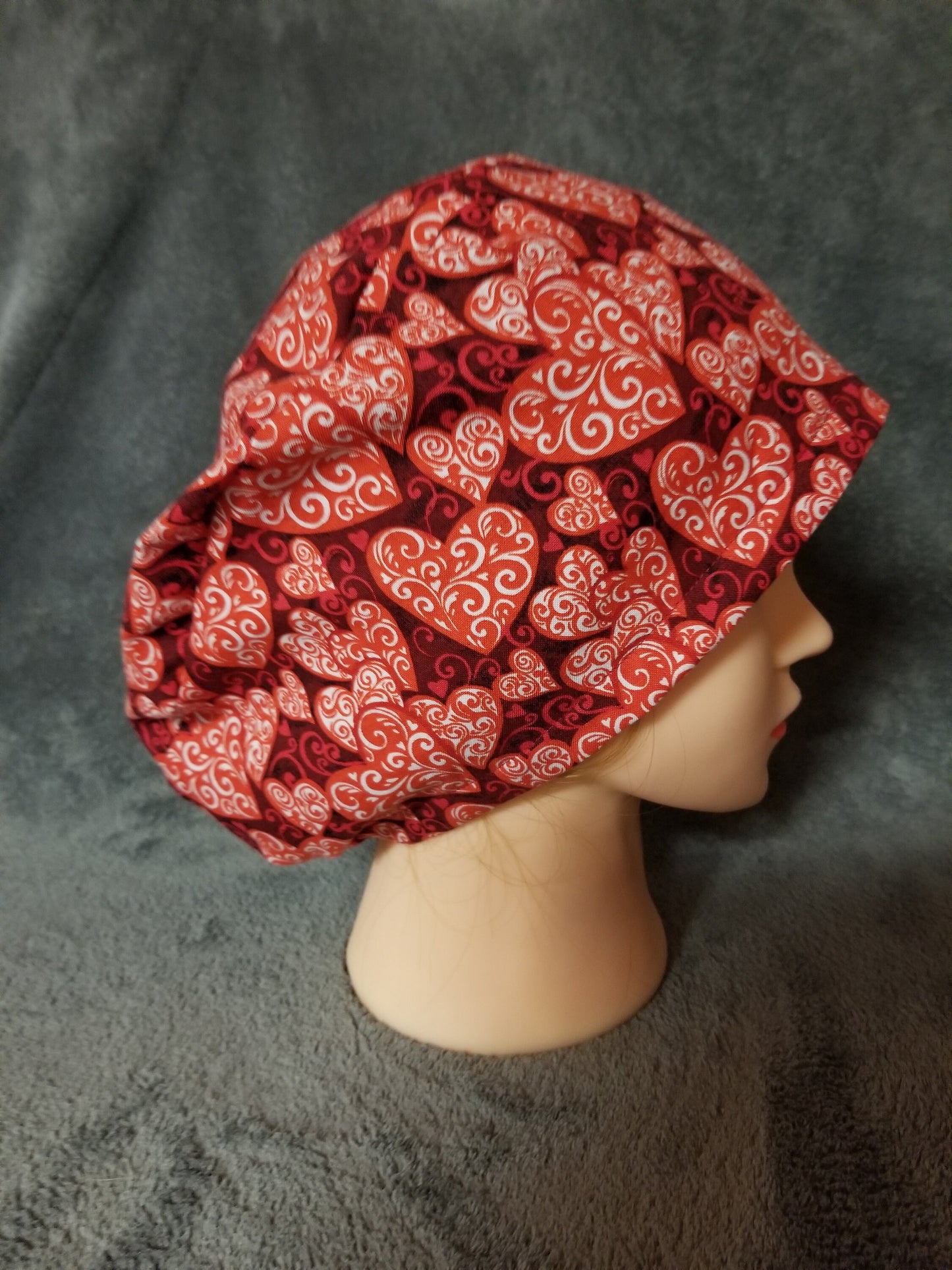 Red Valentine Hearts Print Pixie Style Scrub Caps Limited Collection, Euro Style Scrub Cap