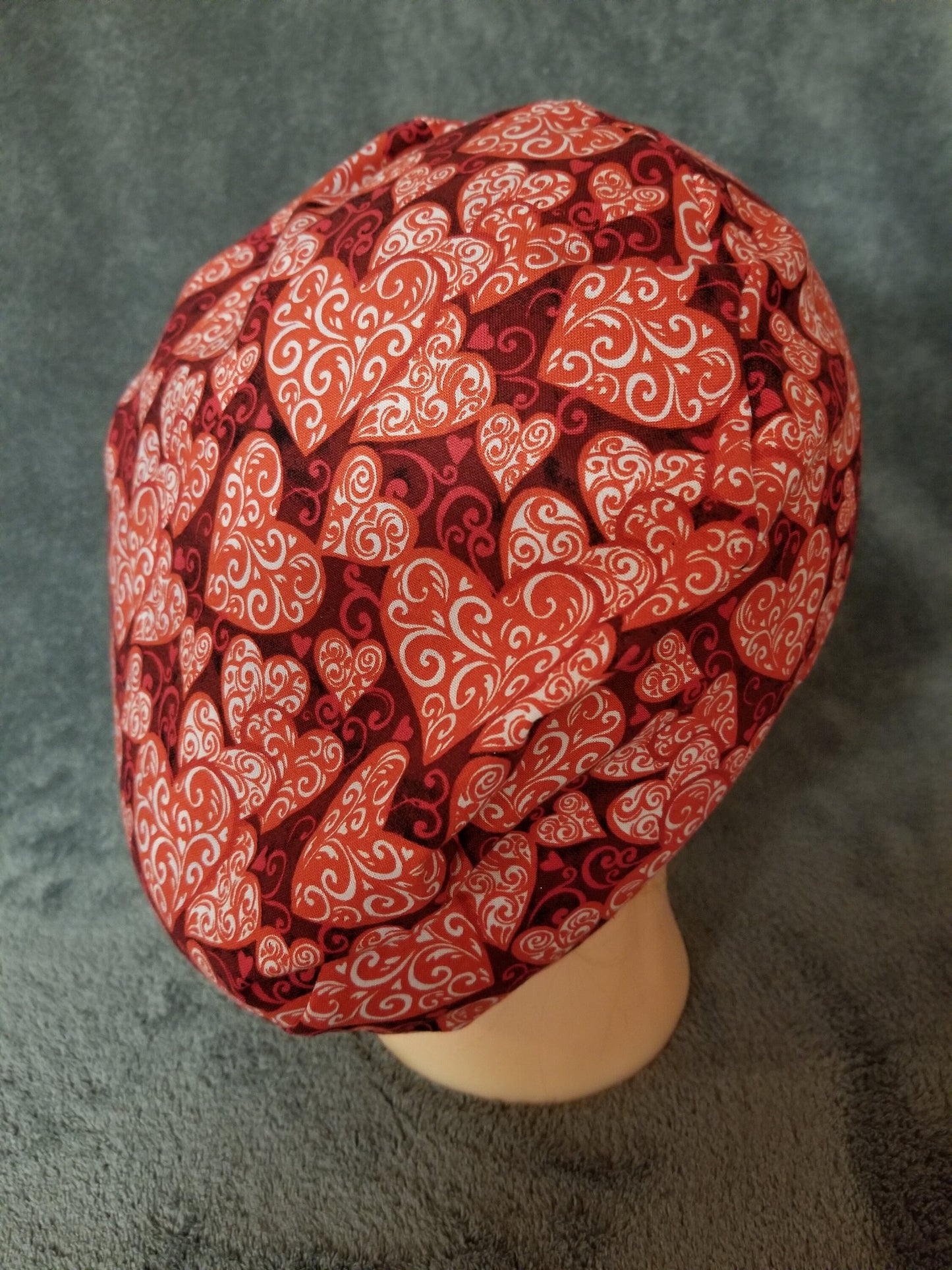 Red Valentine Hearts Print Pixie Style Scrub Caps Limited Collection, Euro Style Scrub Cap
