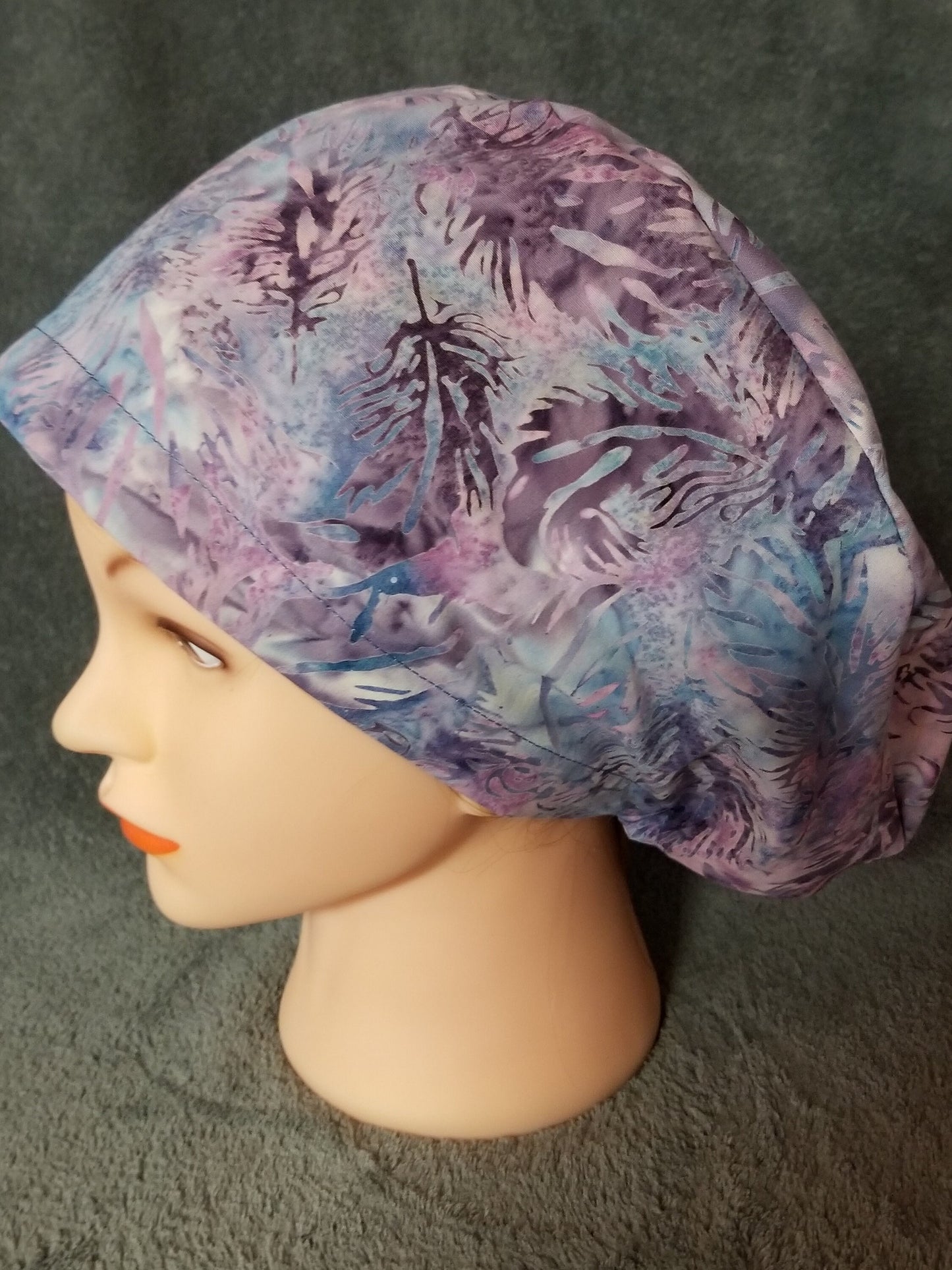 Colorful Feather Print Batik Pixie Style Scrub Cap, Euro style scrub cap