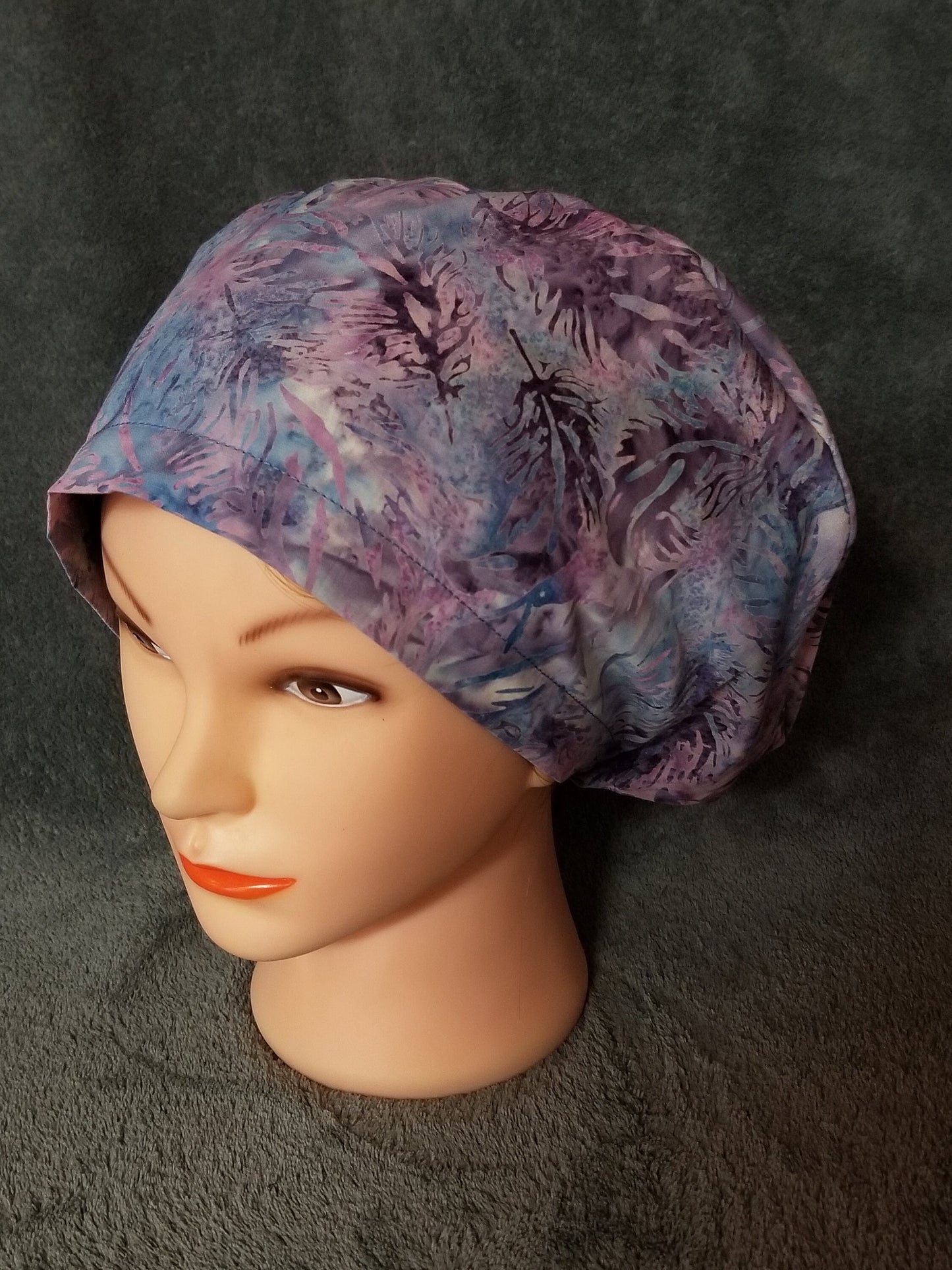 Colorful Feather Print Batik Pixie Style Scrub Cap, Euro style scrub cap