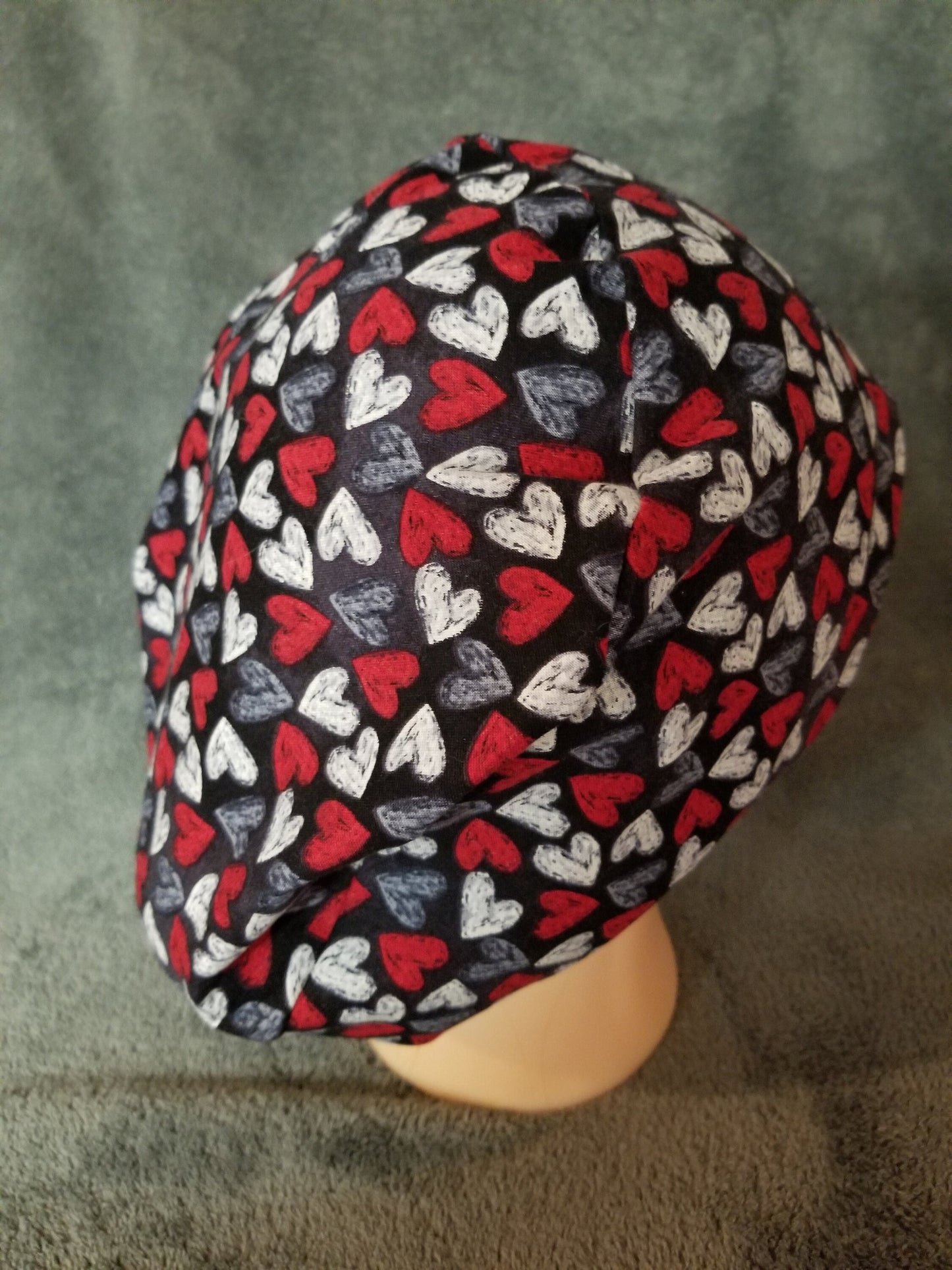 Valentine Hearts Print on Black Background Pixie Style Scrub Caps Limited Collection, Euro Style Scrub Cap