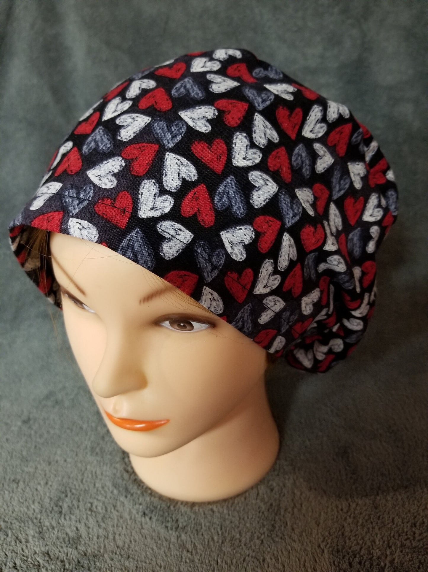 Valentine Hearts Print on Black Background Pixie Style Scrub Caps Limited Collection, Euro Style Scrub Cap