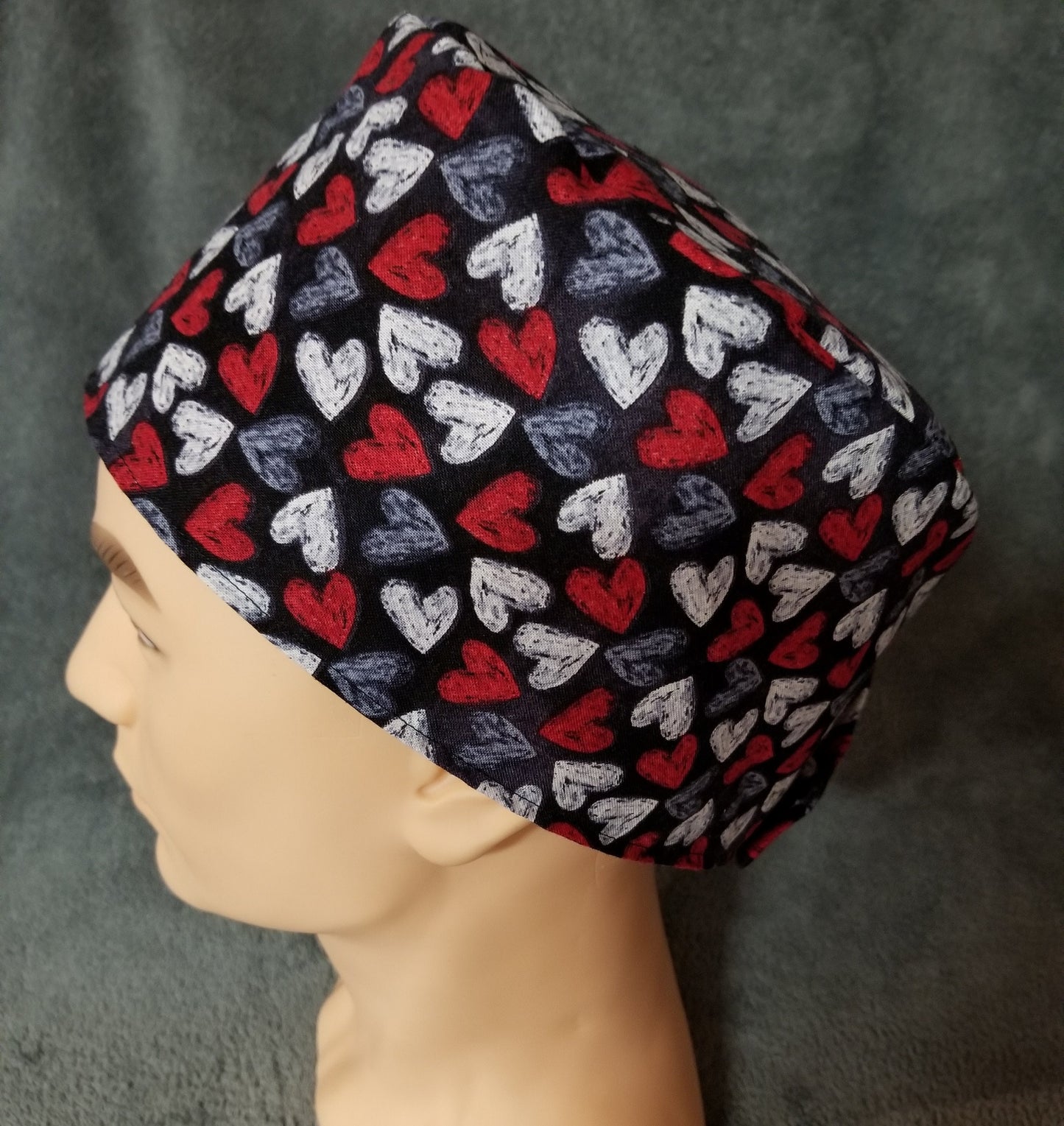 Valentine Heart Print on Black Background LARGE Scrub Cap Same Top with Hook and Loop Fasteners Limited Collection