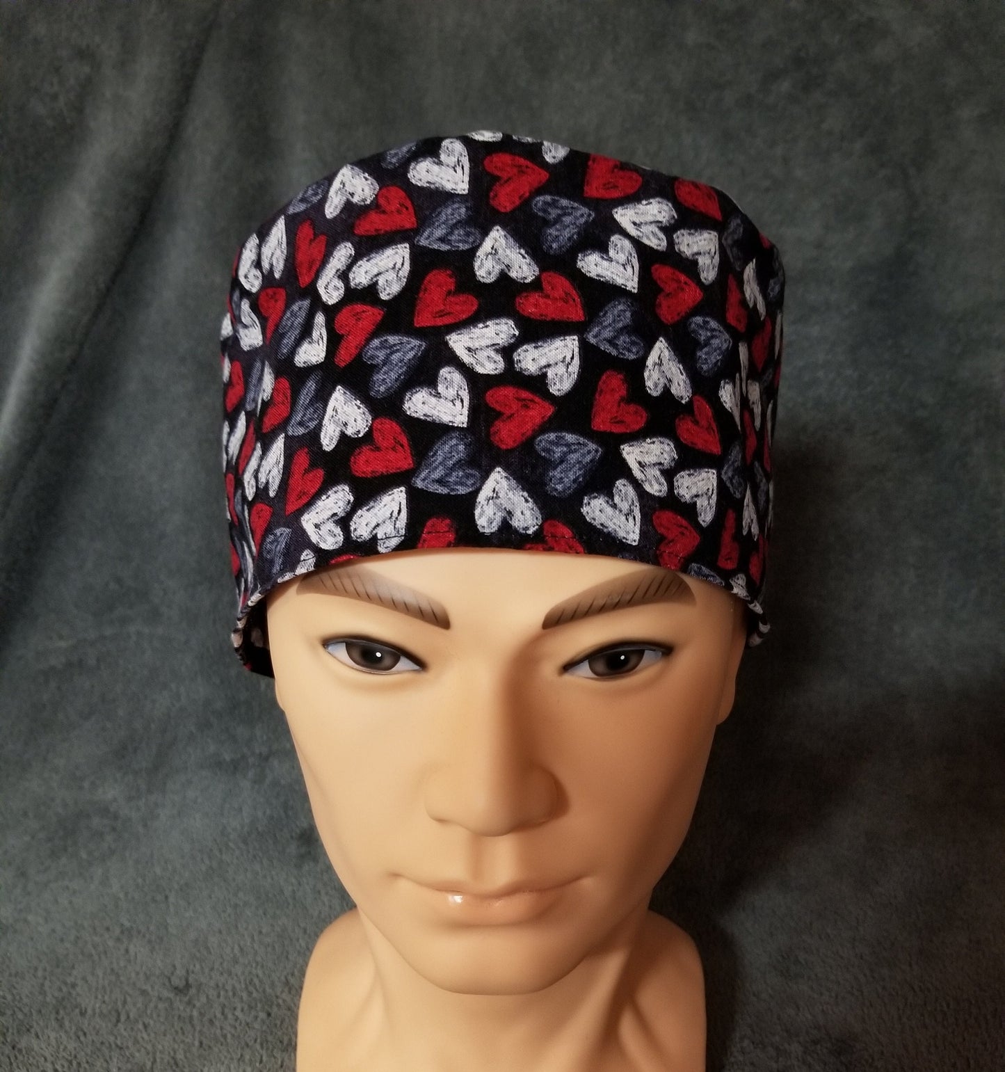 Valentine Heart Print on Black Background LARGE Scrub Cap Same Top with Hook and Loop Fasteners Limited Collection