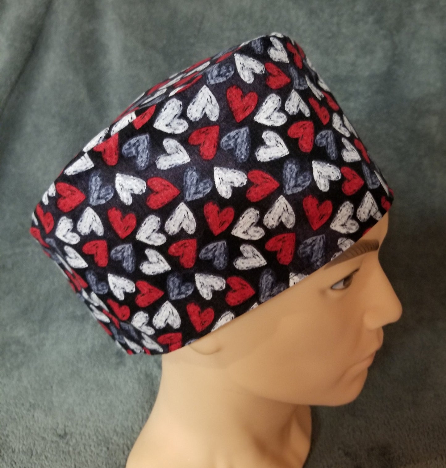 Valentine Heart Print on Black Background LARGE Scrub Cap Same Top with Hook and Loop Fasteners Limited Collection
