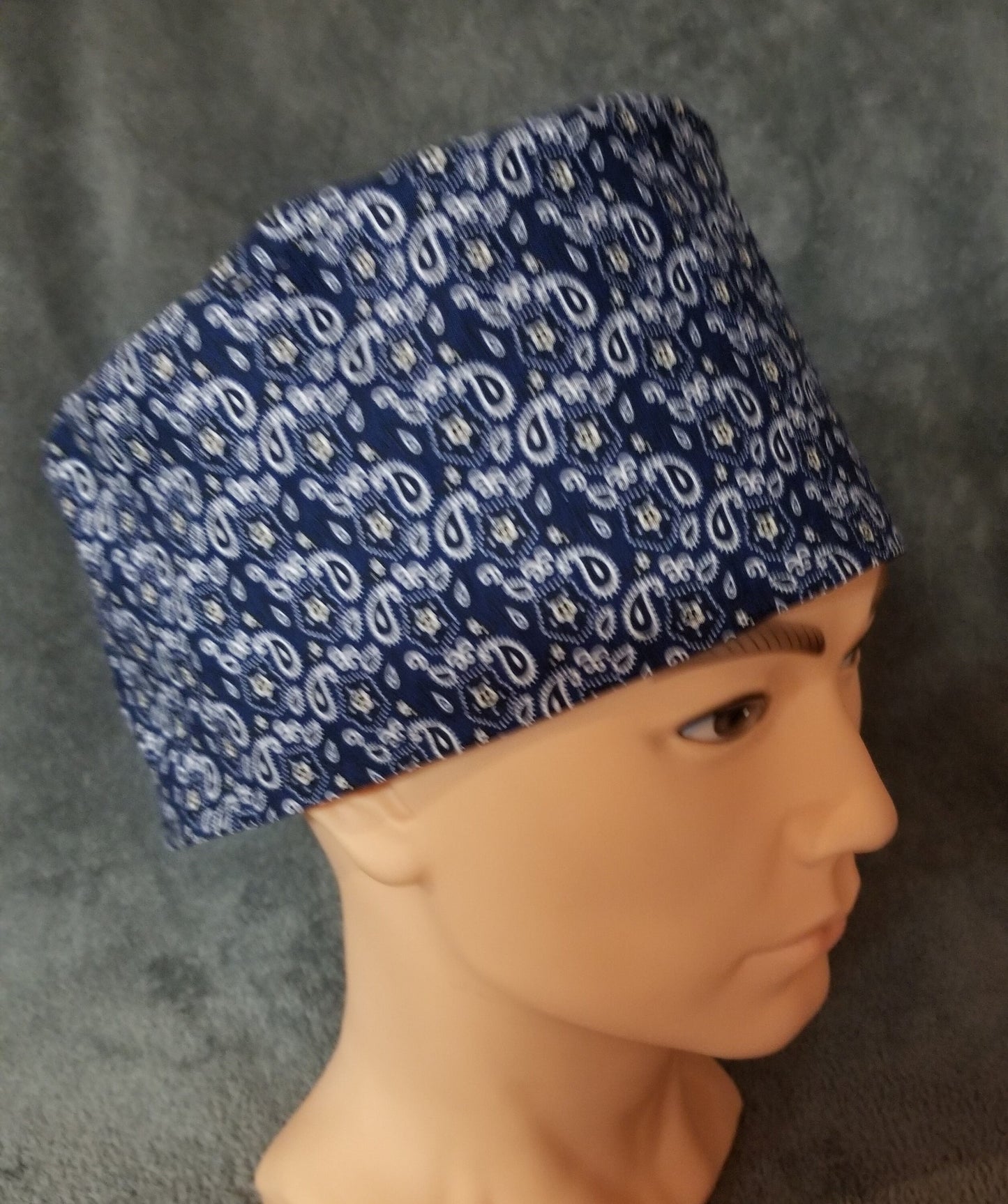 Blue Bandana Style LARGE Scrub Cap Same Top with Hook and Loop Fasteners Ready to Ship.