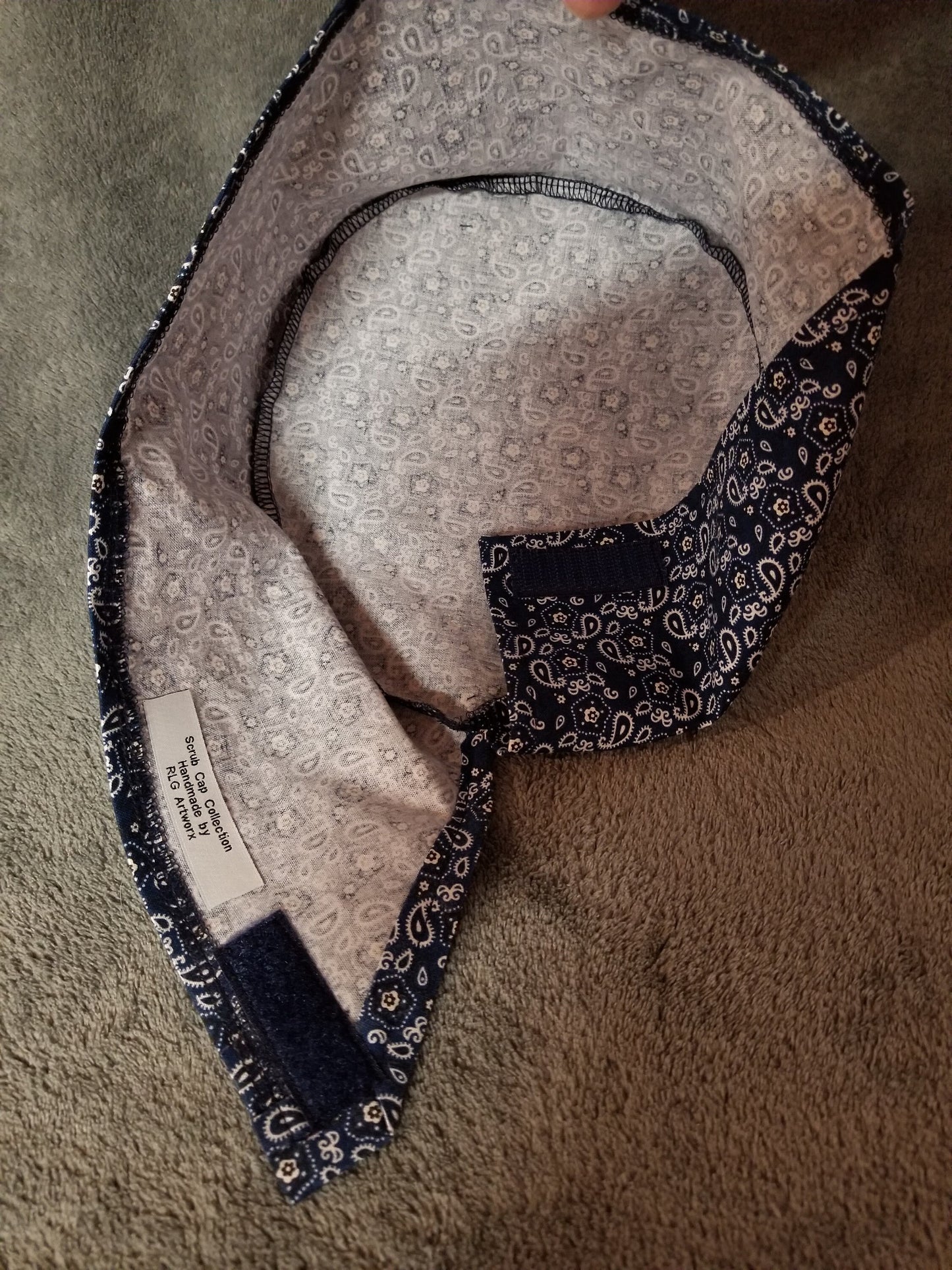 Blue Bandana Style LARGE Scrub Cap Same Top with Hook and Loop Fasteners Ready to Ship.