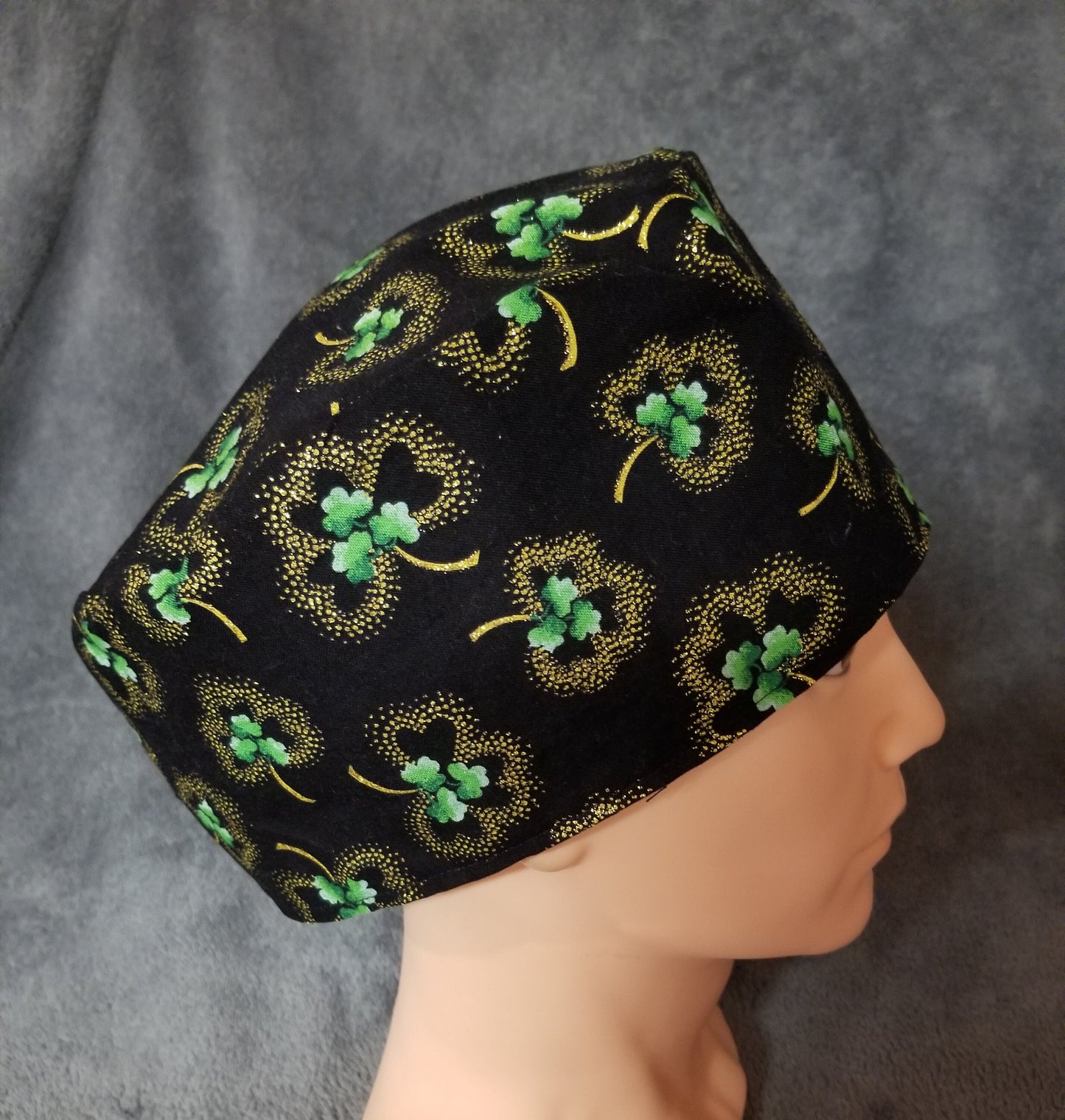 Shamrock Print on Black Background LARGE Scrub Cap Same Top with Hook and Loop Fasteners Limited Collection