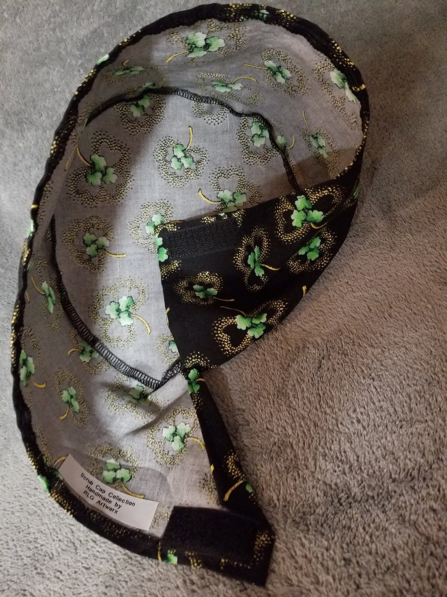 Shamrock Print on Black Background LARGE Scrub Cap Same Top with Hook and Loop Fasteners Limited Collection