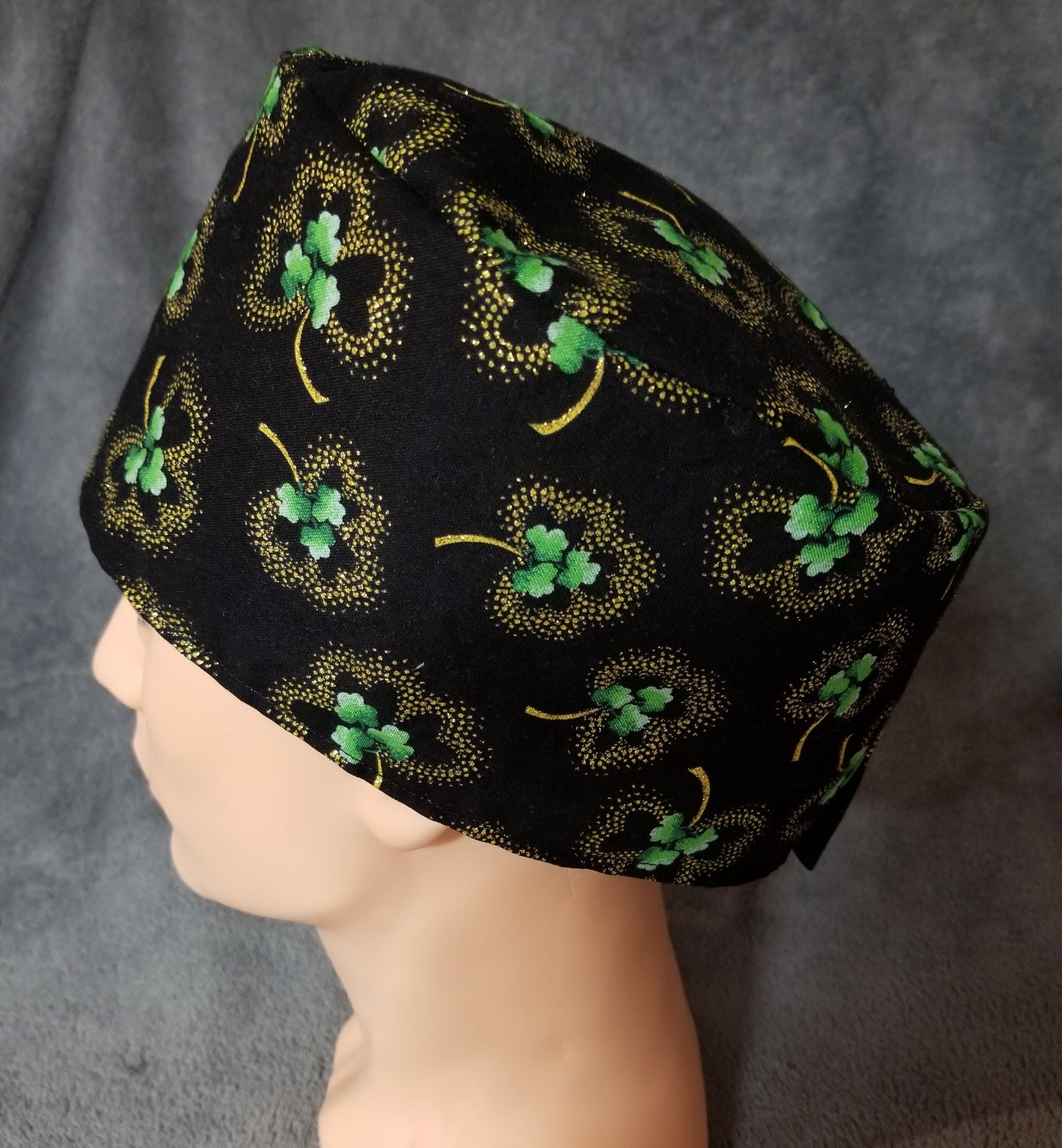 Shamrock Print on Black Background LARGE Scrub Cap Same Top with Hook and Loop Fasteners Limited Collection