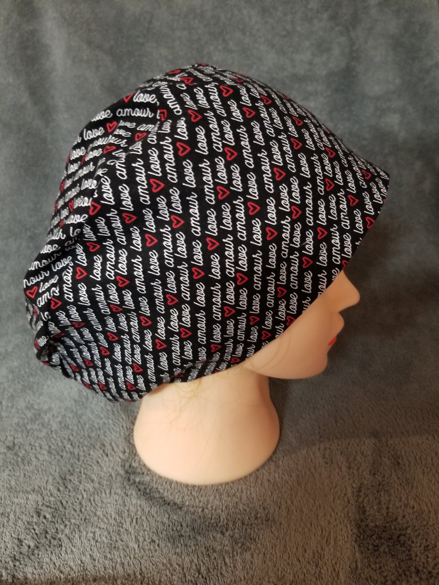 Valentine Words Print on Black Background Pixie Style Scrub Cap