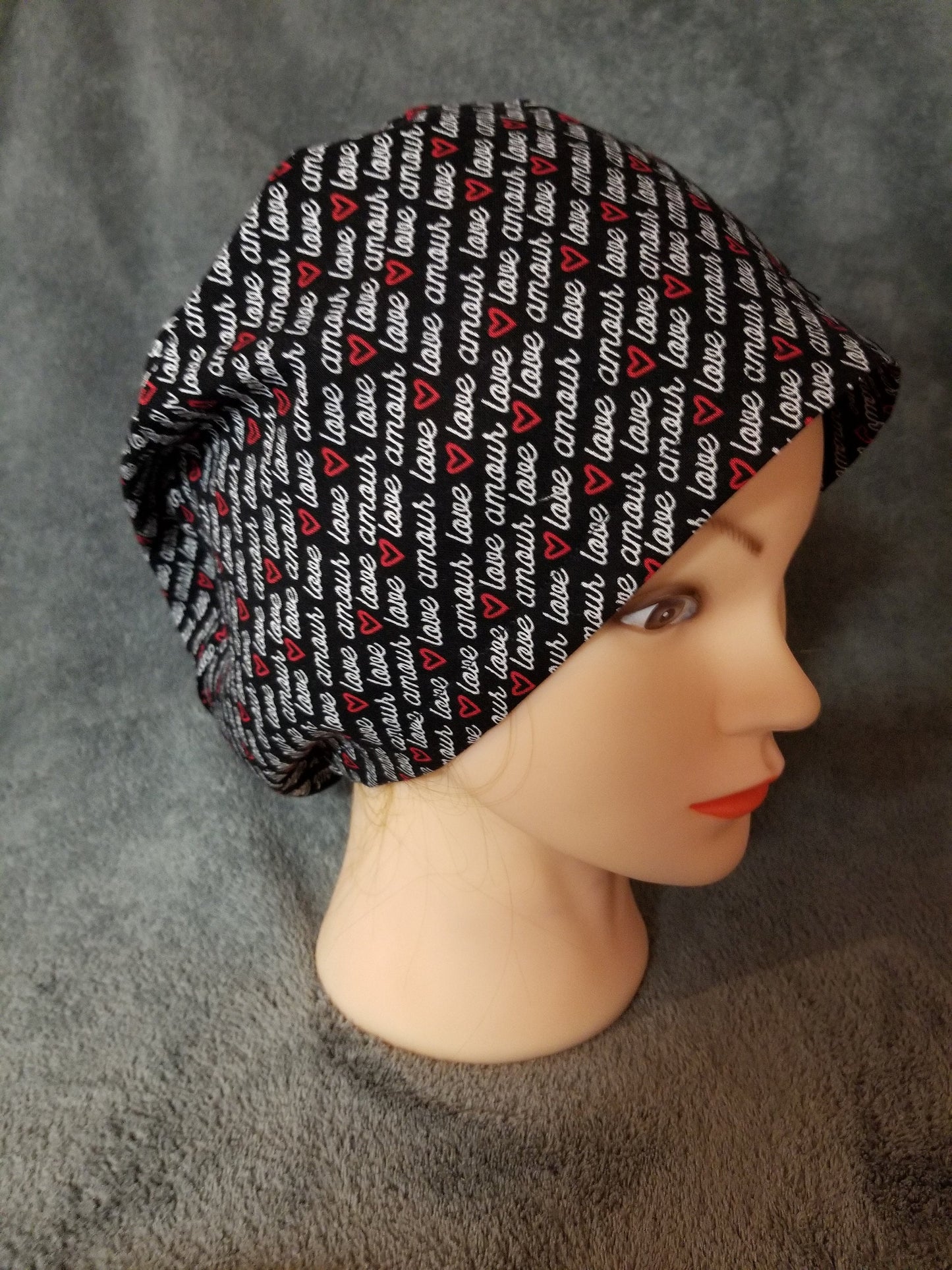Valentine Words Print on Black Background Pixie Style Scrub Cap