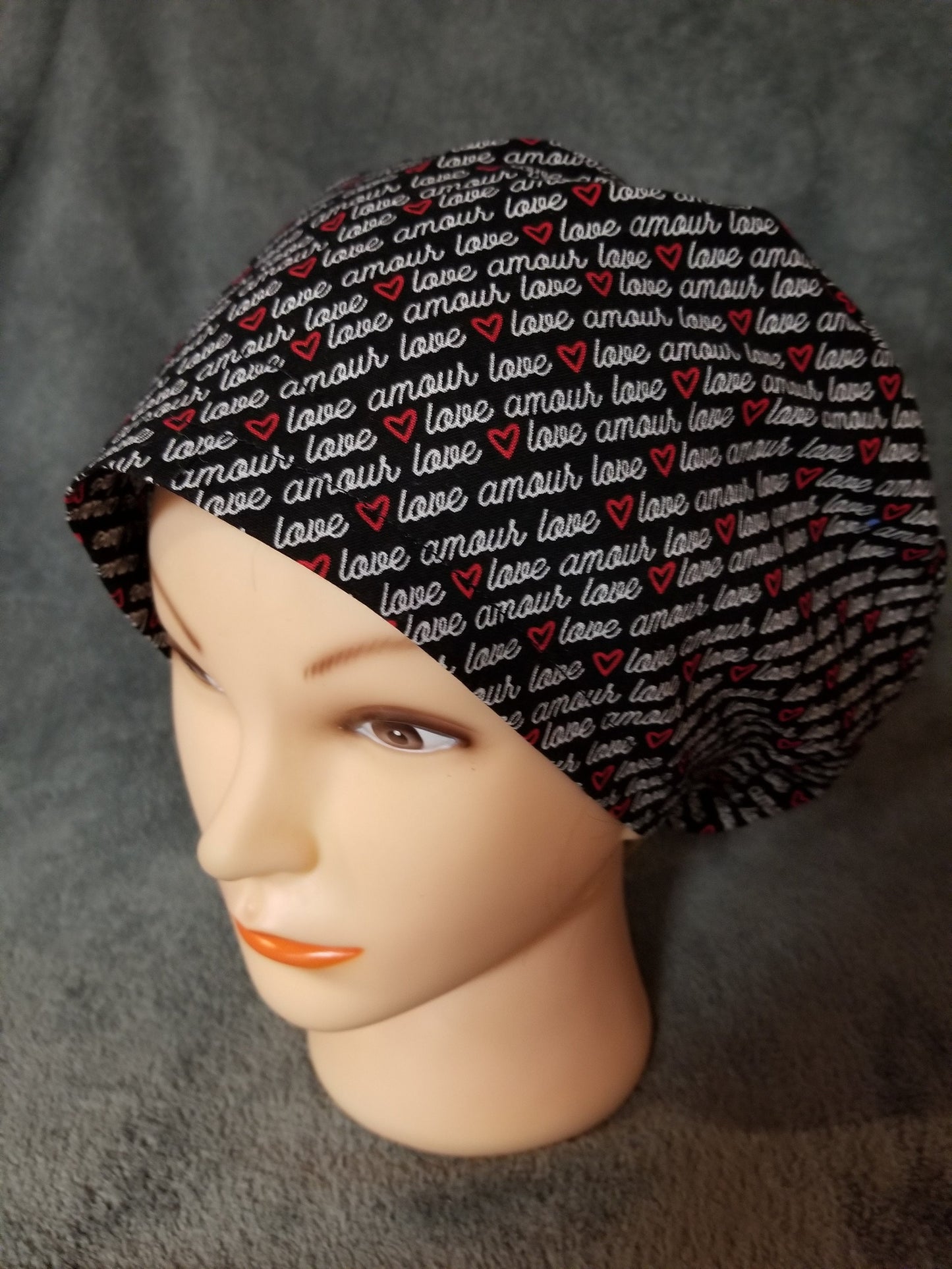 Valentine Words Print on Black Background Pixie Style Scrub Cap