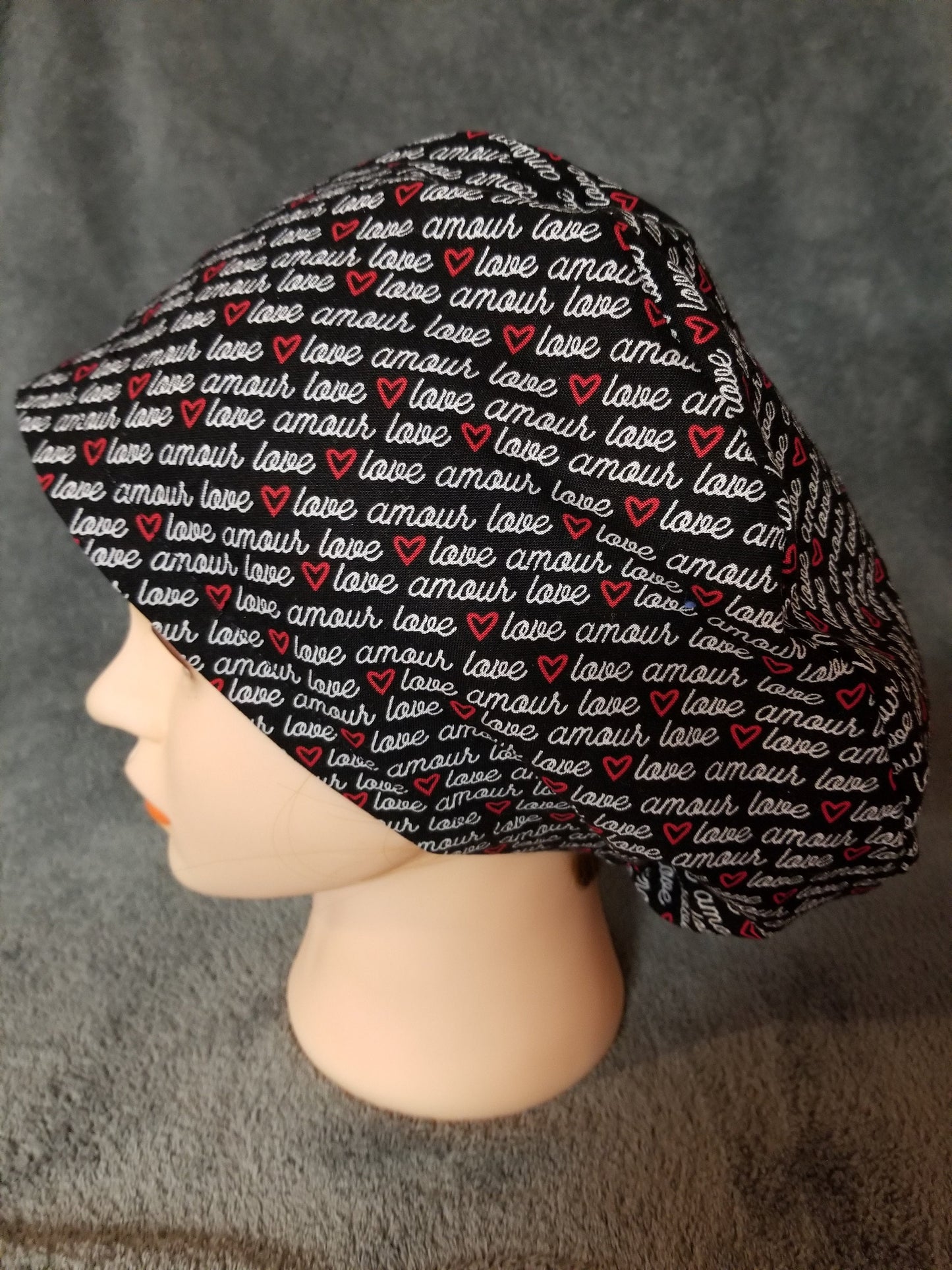 Valentine Words Print on Black Background Pixie Style Scrub Cap