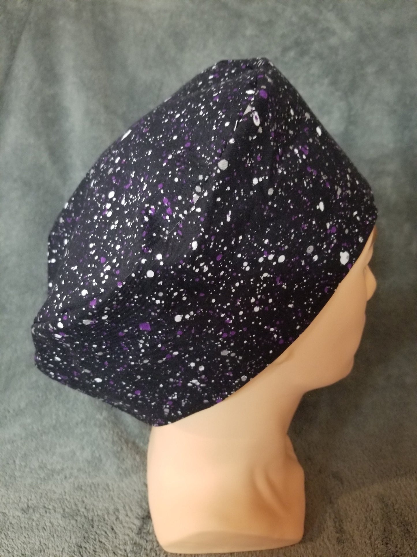 Purple Paint Splatter on Black Background LARGE Scrub Cap with Hook and Loop Fastener