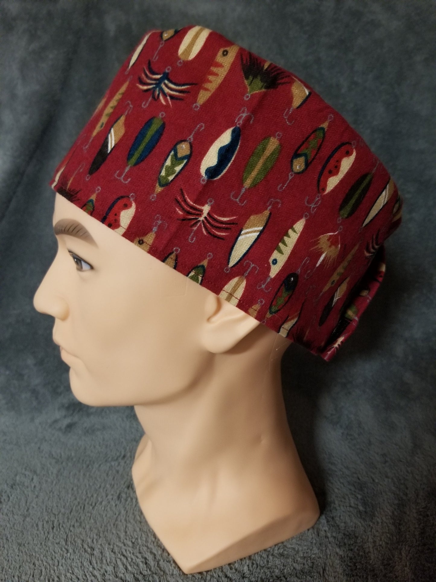 Red Background with Fishing Lures Print LARGE Scrub Cap Same Top with Hook and Loop Fasteners Limited Collection Ready to Ship.