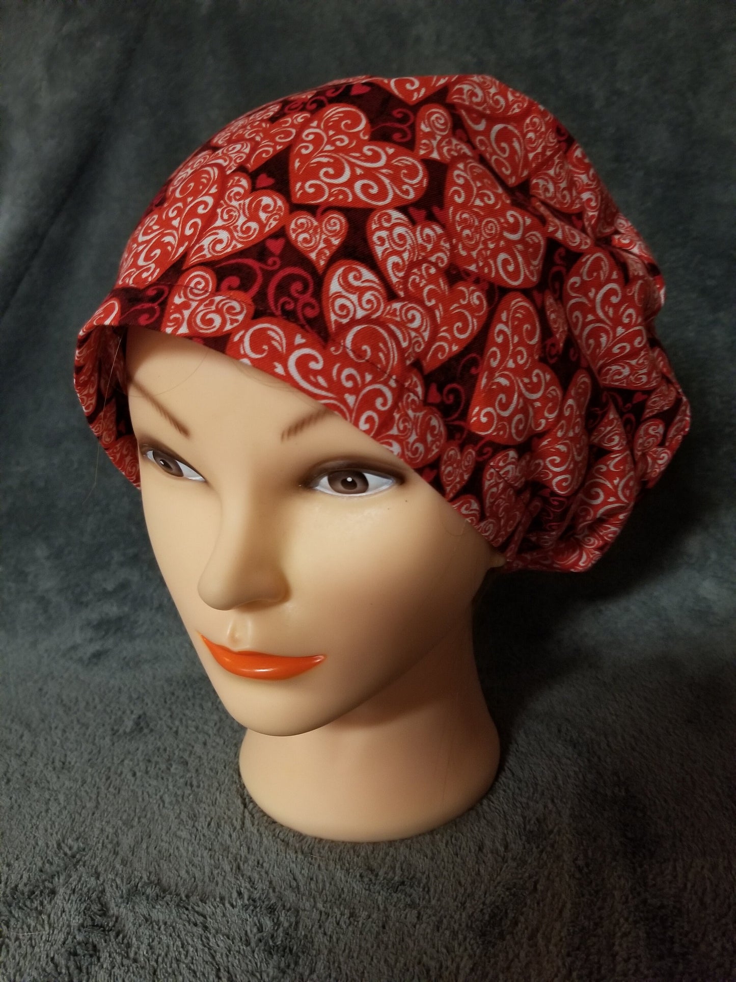 Red Valentine Hearts Print Pixie Style Scrub Caps Limited Collection, Euro Style Scrub Cap