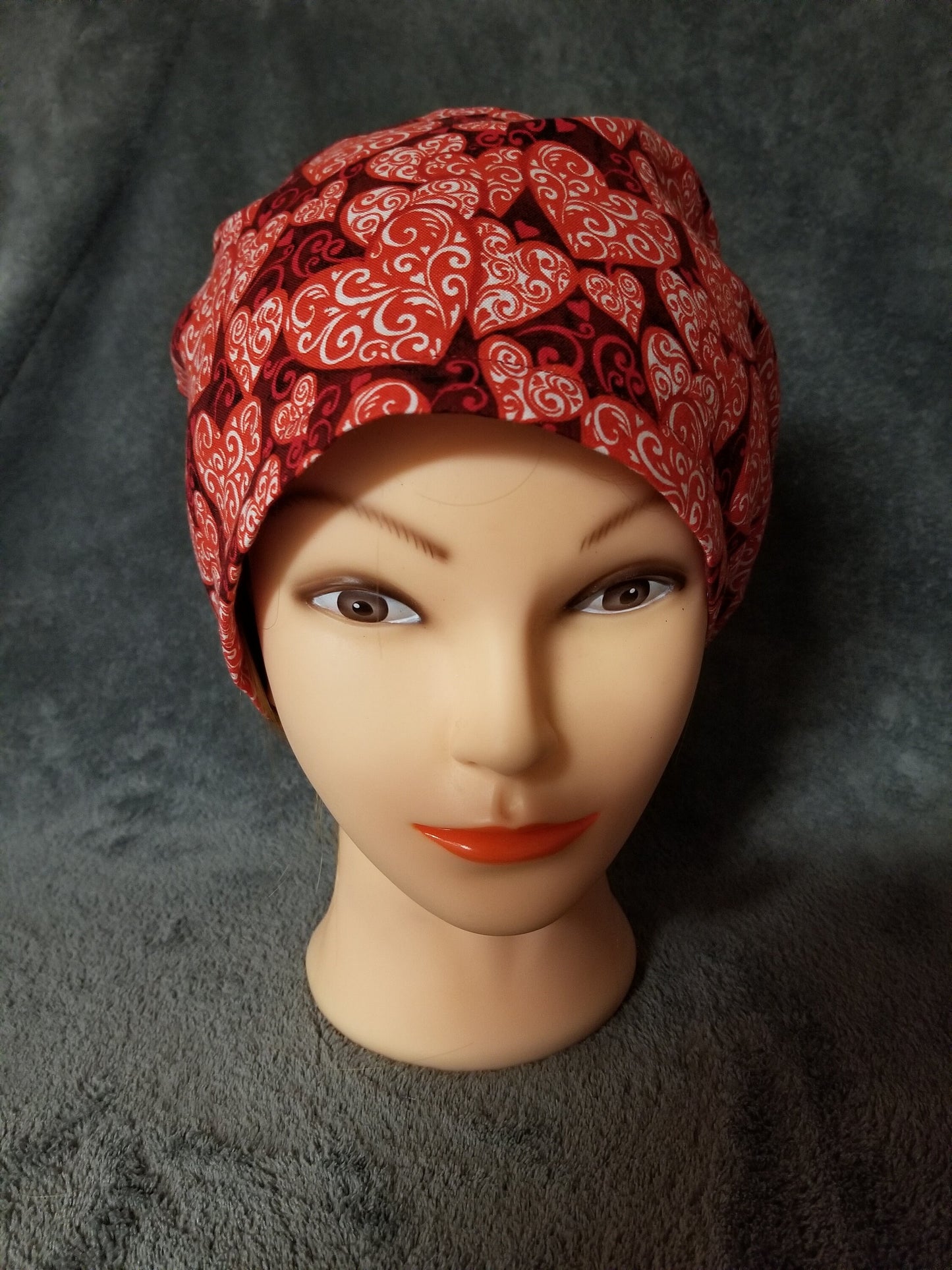 Red Valentine Hearts Print Pixie Style Scrub Caps Limited Collection, Euro Style Scrub Cap