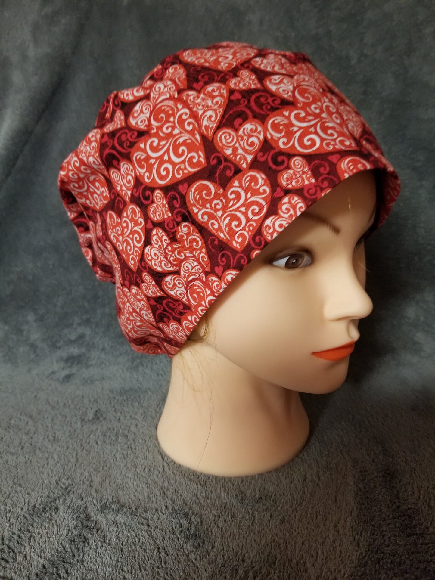 Red Valentine Hearts Print Pixie Style Scrub Caps Limited Collection, Euro Style Scrub Cap