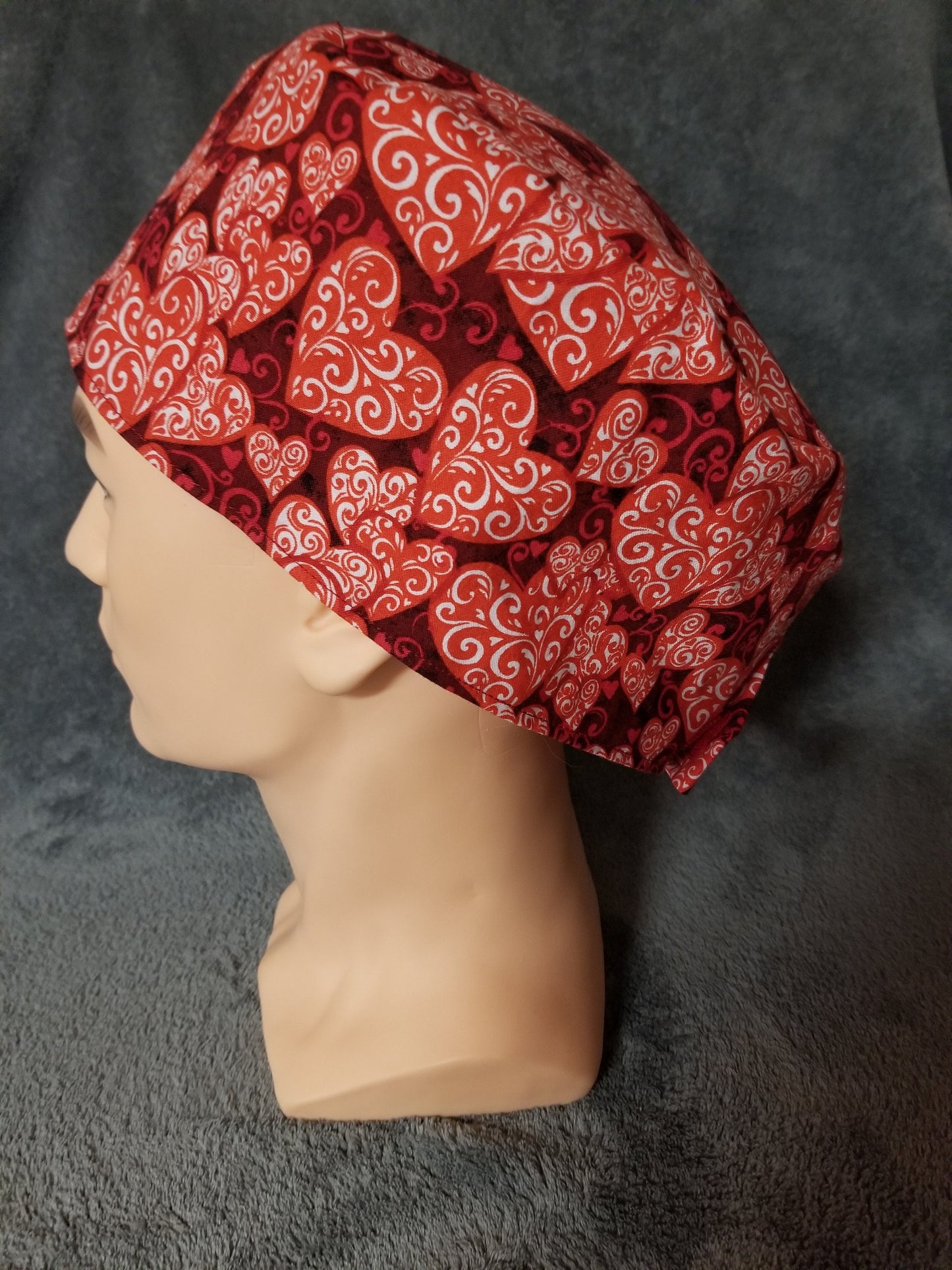 Red Valentine Heart Print LARGE Scrub Cap Same Top with Hook and Loop Fasteners Limited Collection