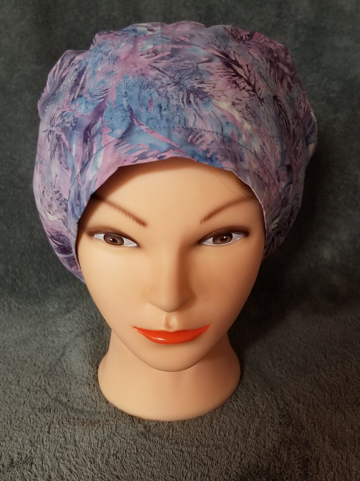 Colorful Feather Print Batik Pixie Style Scrub Cap, Euro style scrub cap