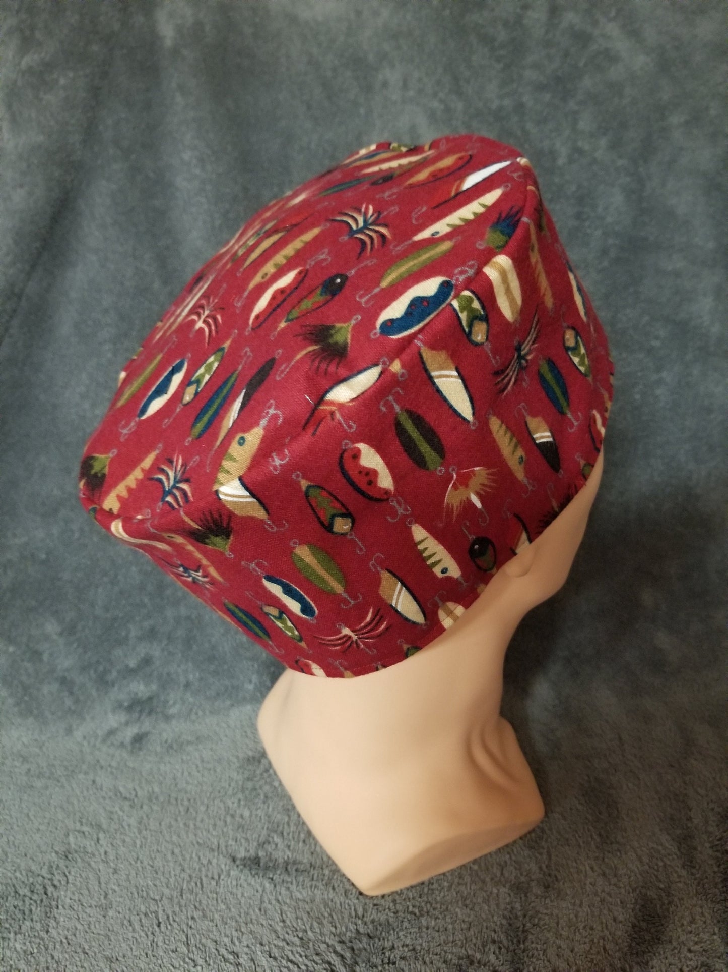 Red Background with Fishing Lures Print LARGE Scrub Cap Same Top with Hook and Loop Fasteners Limited Collection Ready to Ship.