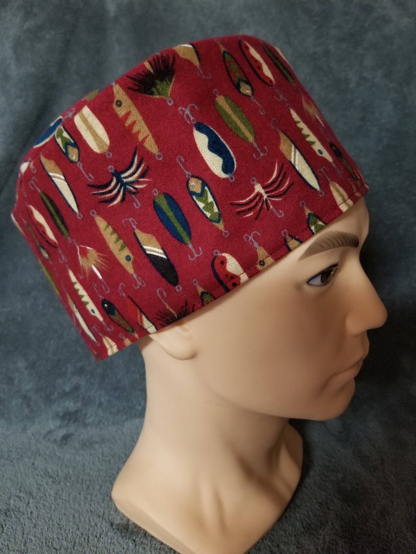 Red Background with Fishing Lures Print LARGE Scrub Cap Same Top with Hook and Loop Fasteners Limited Collection Ready to Ship.