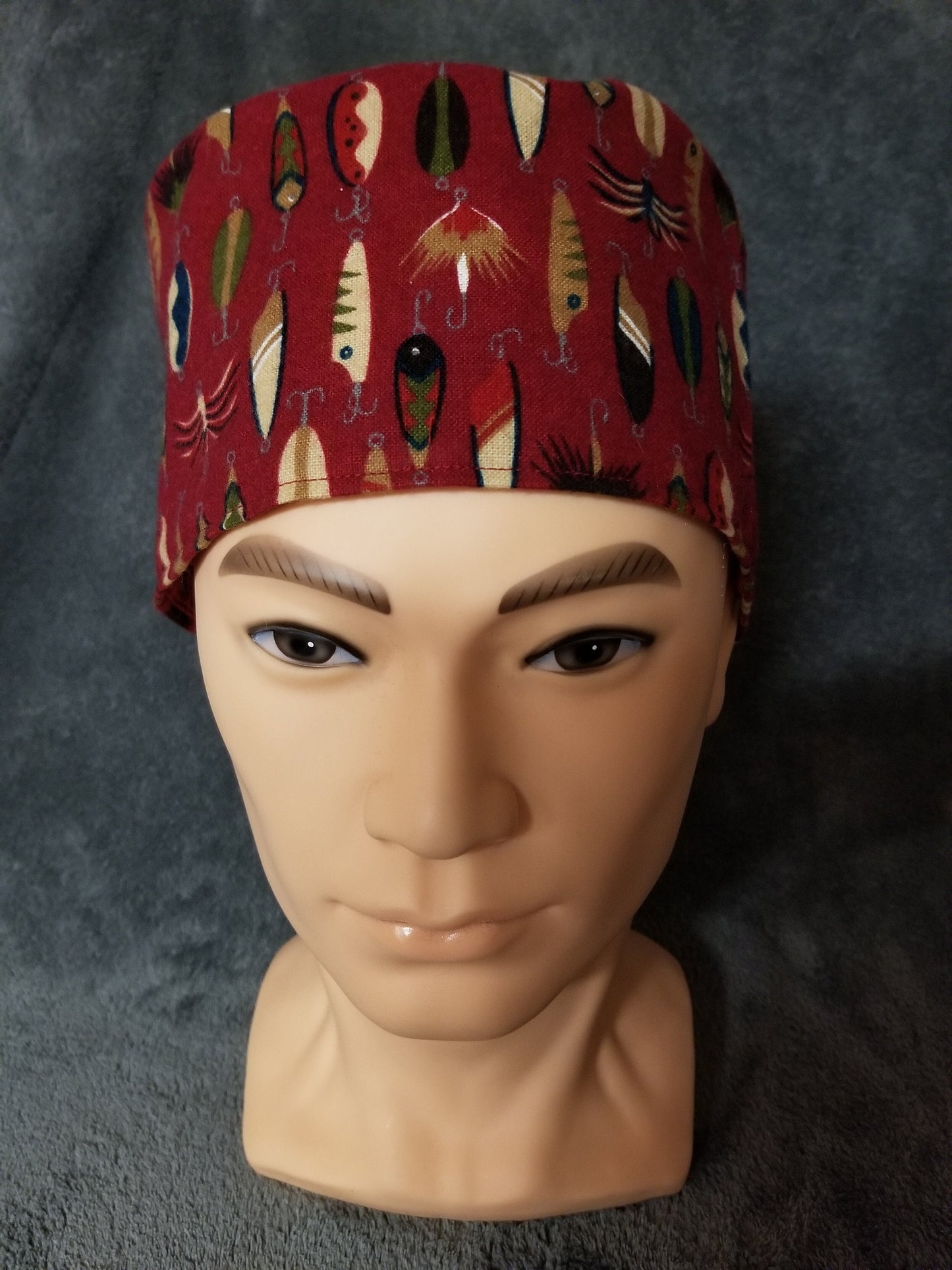 Red Background with Fishing Lures Print LARGE Scrub Cap Same Top with Hook and Loop Fasteners Limited Collection Ready to Ship.