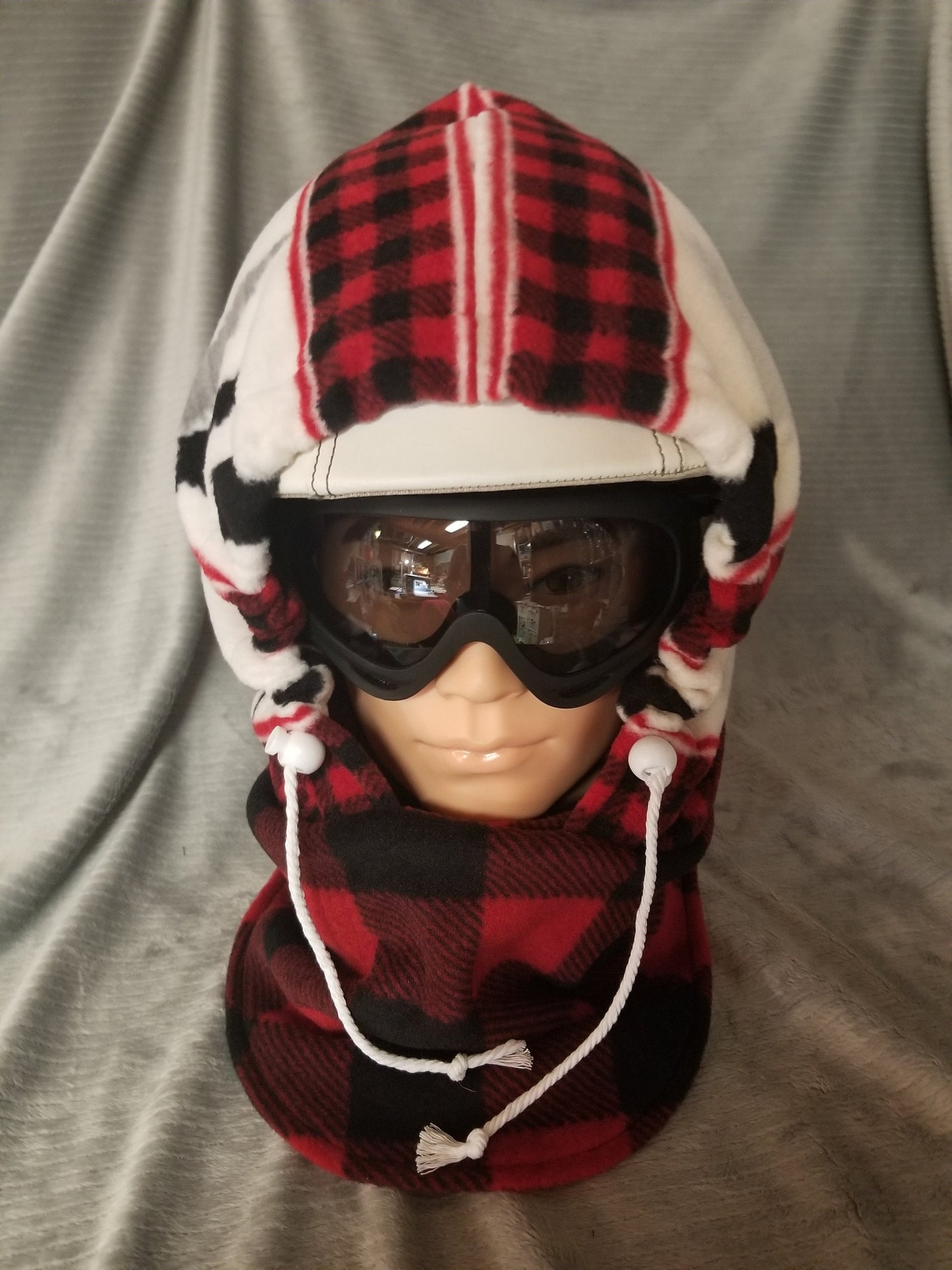 Bears and Wolves Wilderness Inspired Print Black and Red Plaid Extra Large Anti Pill Fleece Ski Helmet Cover