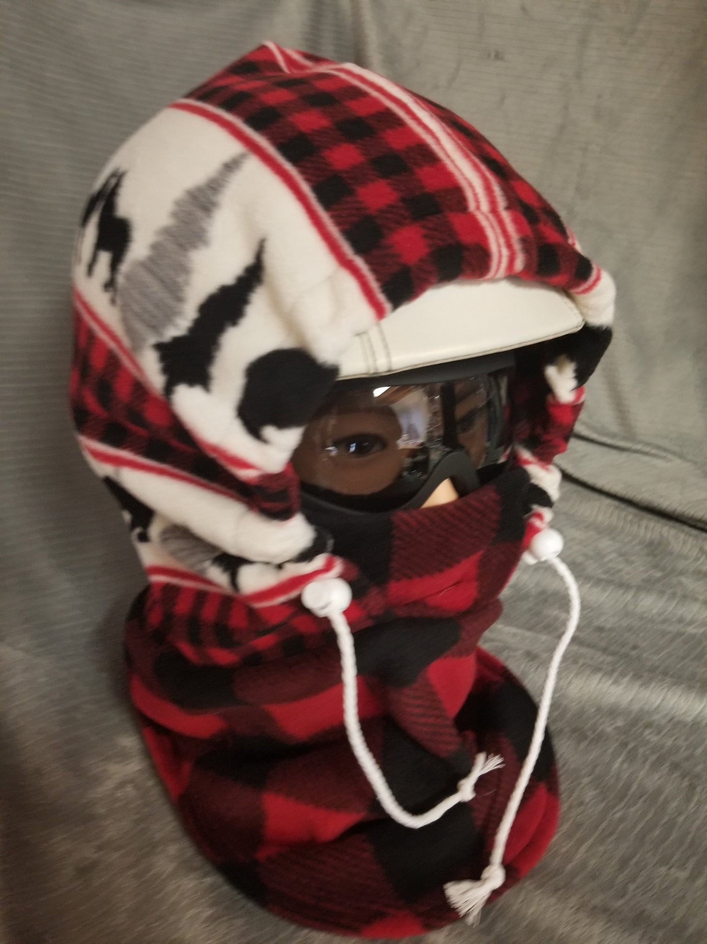 Bears and Wolves Wilderness Inspired Print Black and Red Plaid Extra Large Anti Pill Fleece Ski Helmet Cover