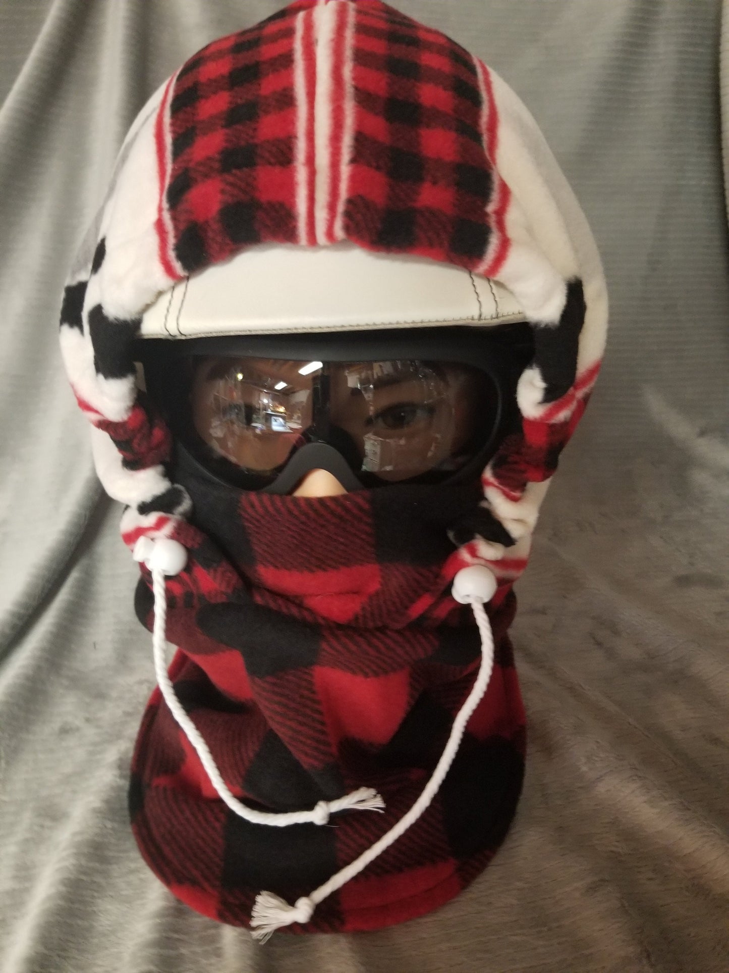 Bears and Wolves Wilderness Inspired Print Black and Red Plaid Extra Large Anti Pill Fleece Ski Helmet Cover